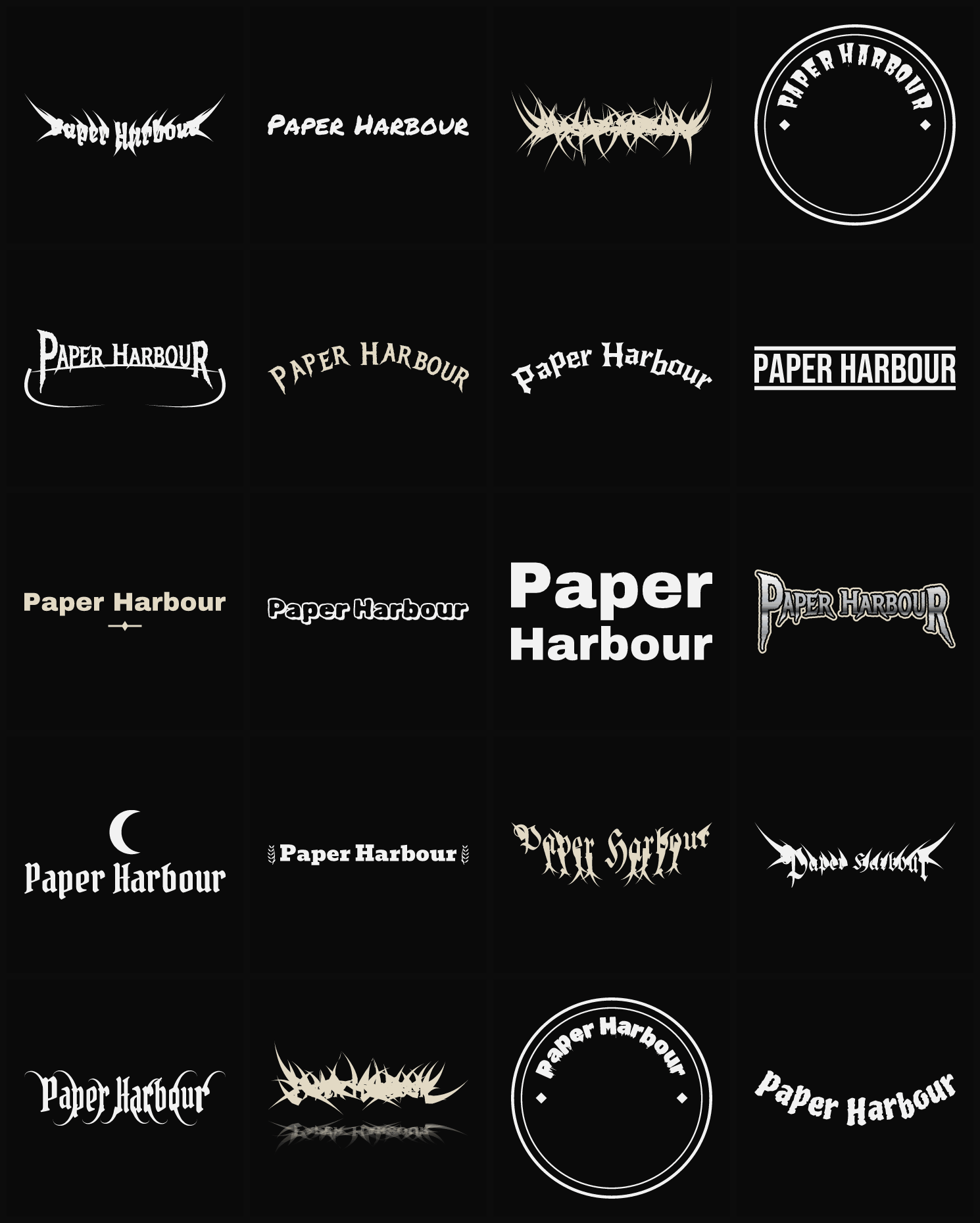 Twenty Paper Harbour band logo ideas — different faces, treatments and spike settings