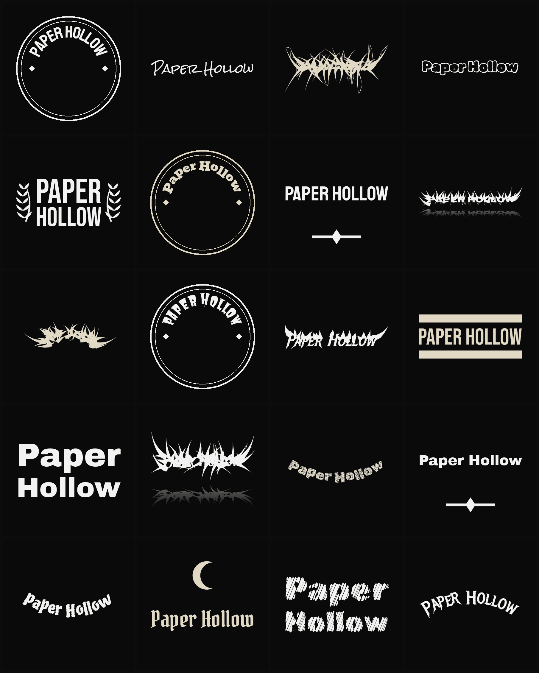 Twenty Paper Hollow band logo ideas — different faces, treatments and spike settings