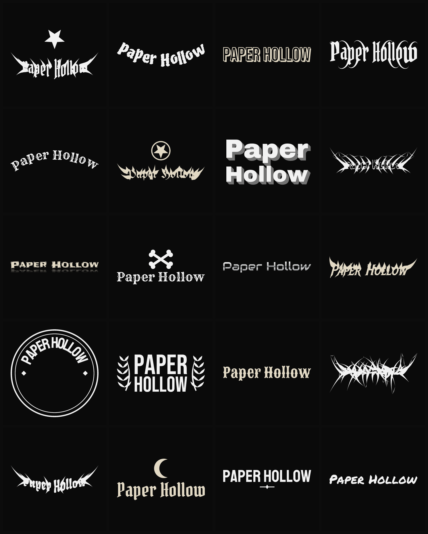 Twenty Paper Hollow band logo ideas — different faces, treatments and spike settings