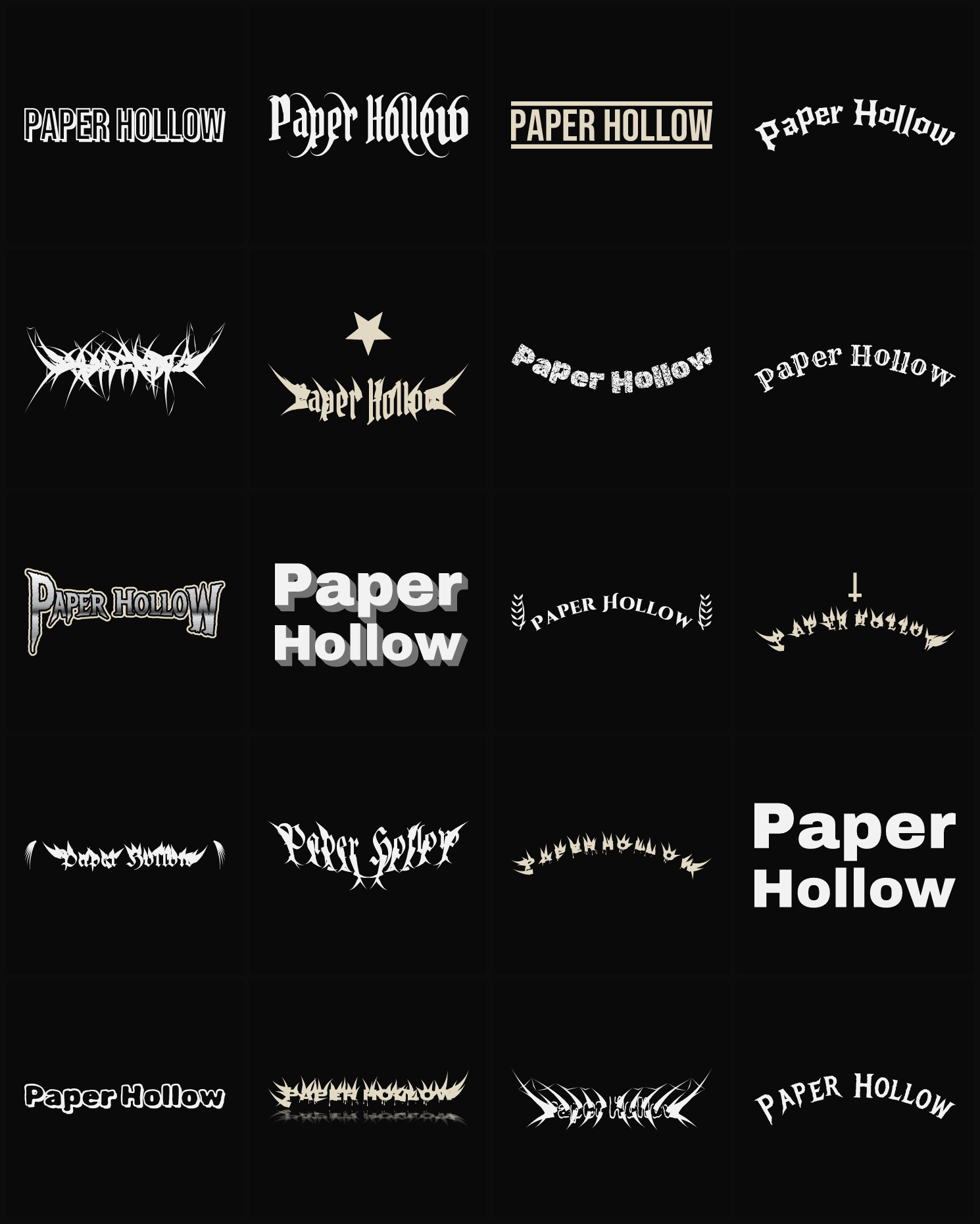 Twenty Paper Hollow band logo ideas — different faces, treatments and spike settings