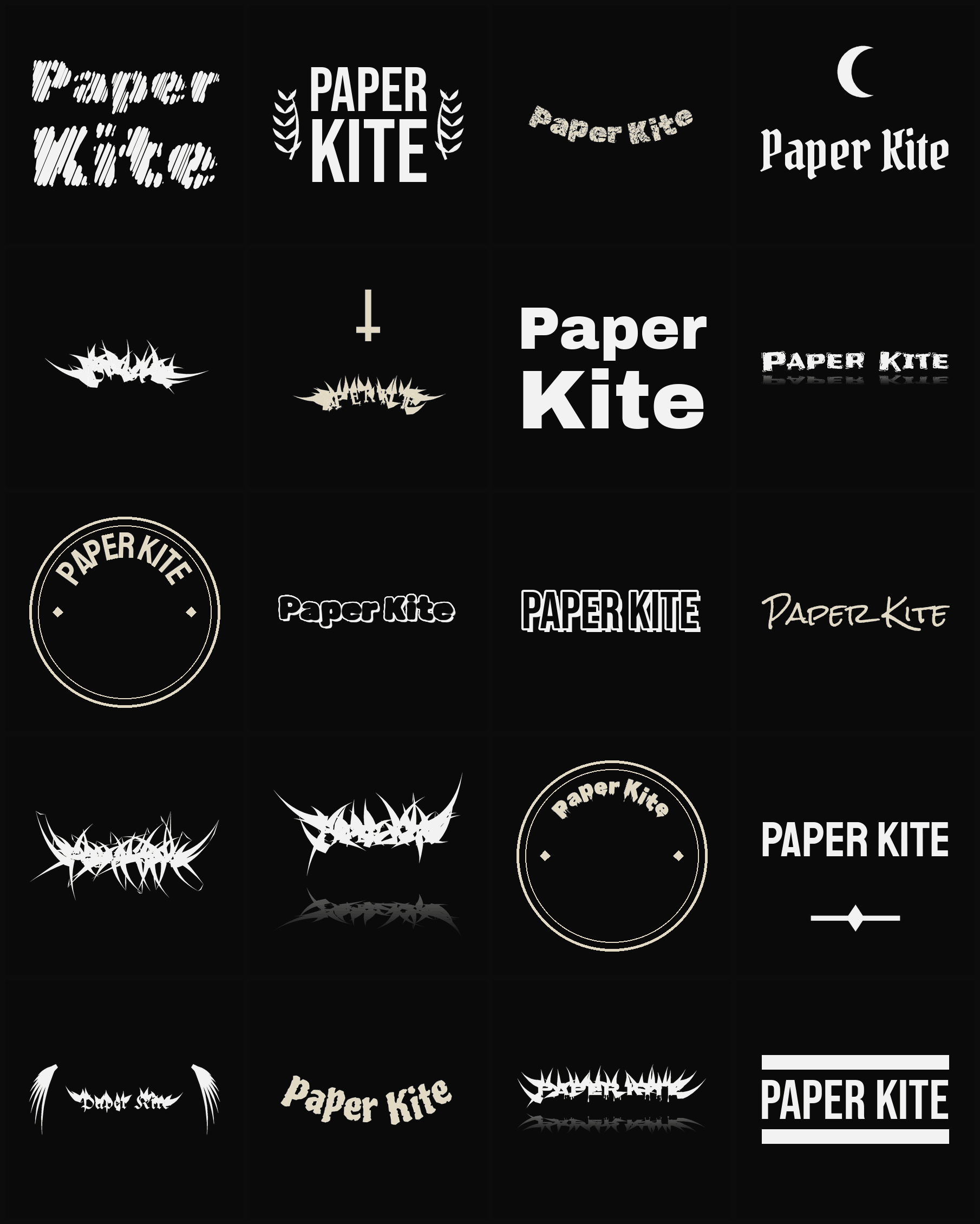 Twenty Paper Kite band logo ideas — different faces, treatments and spike settings