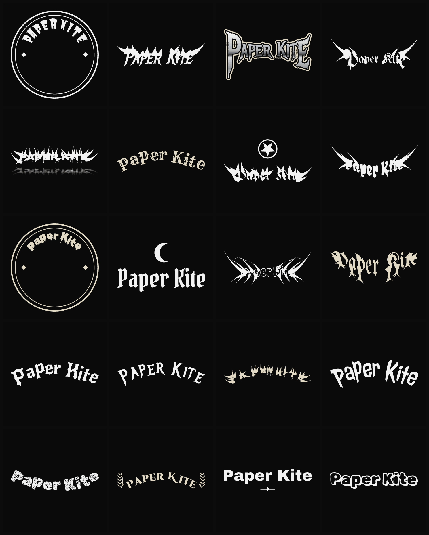 Twenty Paper Kite band logo ideas — different faces, treatments and spike settings