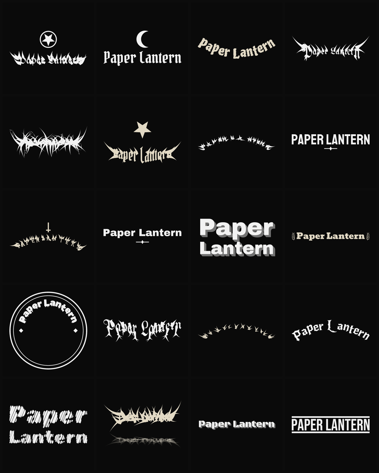 Twenty Paper Lantern band logo ideas — different faces, treatments and spike settings