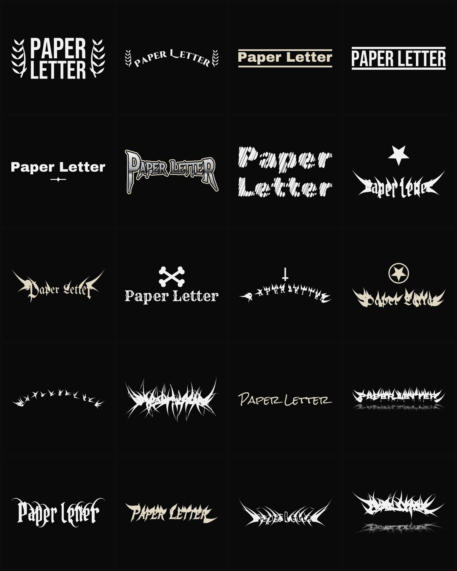 Twenty Paper Letter band logo ideas — different faces, treatments and spike settings