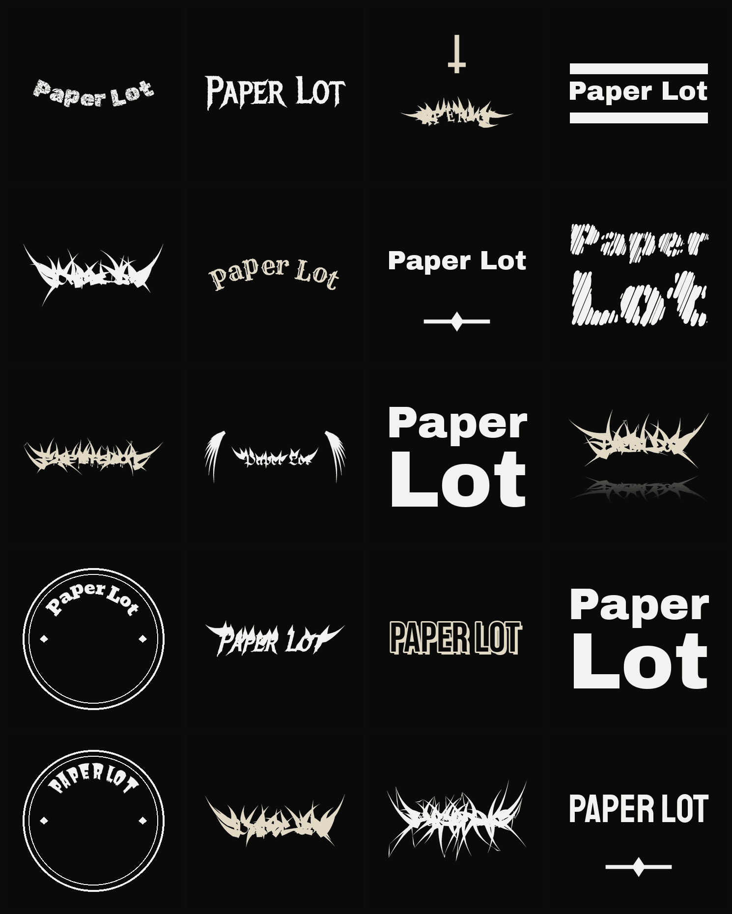 Twenty Paper Lot band logo ideas — different faces, treatments and spike settings