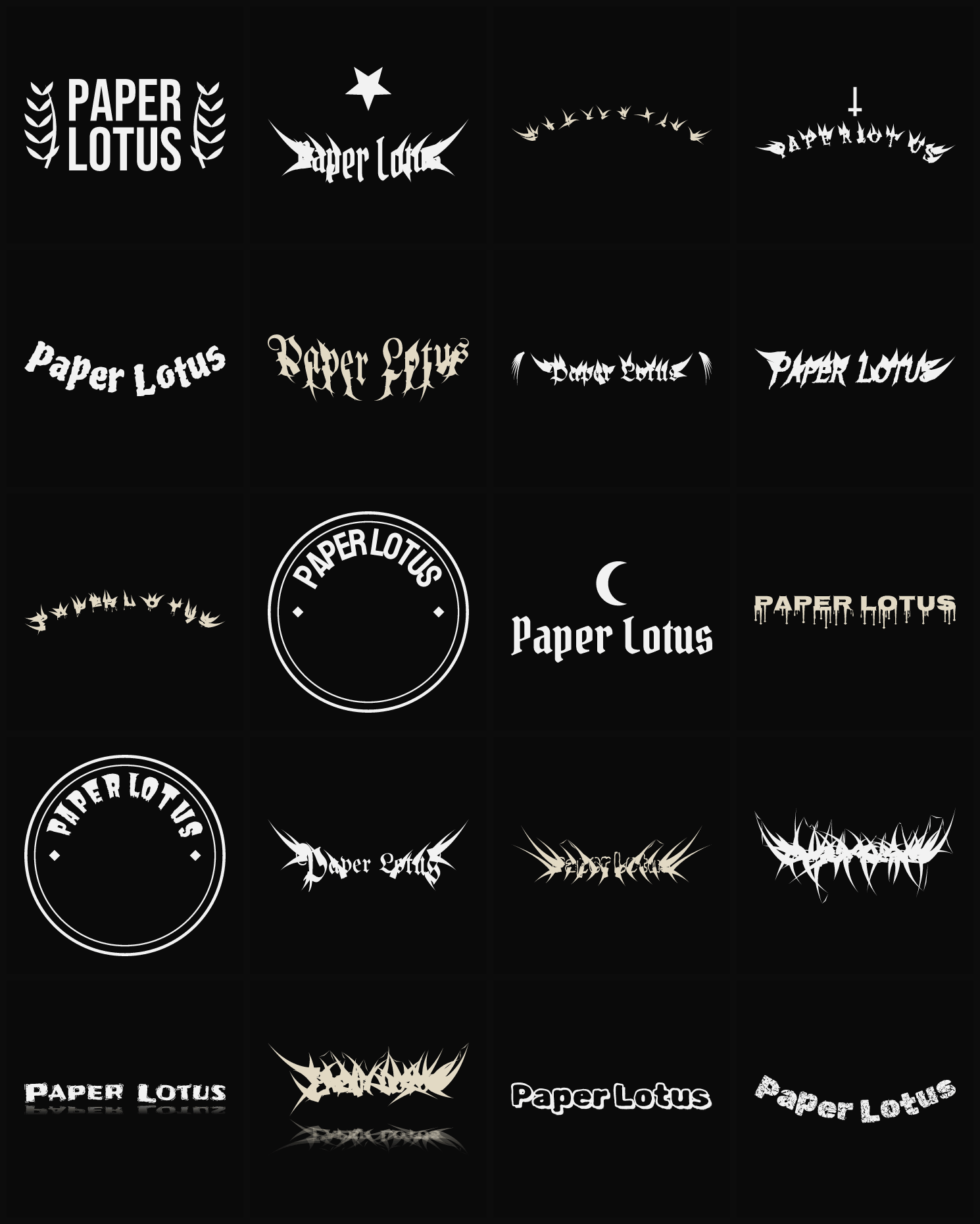 Twenty Paper Lotus band logo ideas — different faces, treatments and spike settings