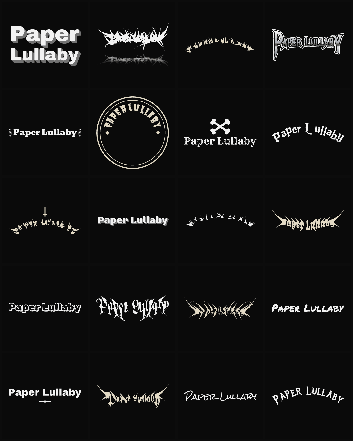 Twenty Paper Lullaby band logo ideas — different faces, treatments and spike settings
