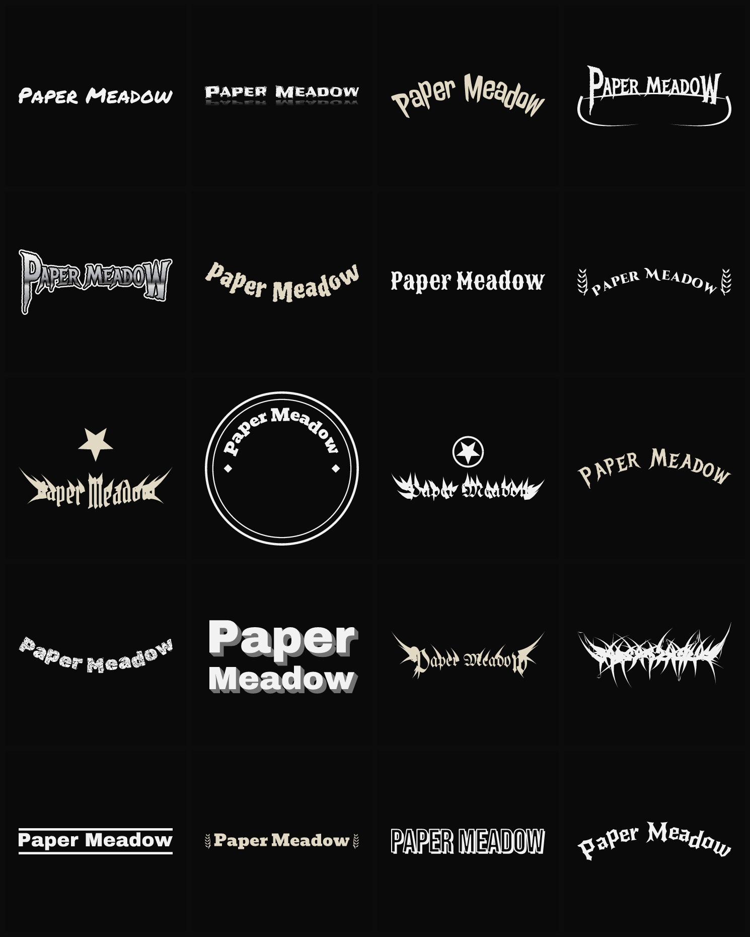 Twenty Paper Meadow band logo ideas — different faces, treatments and spike settings