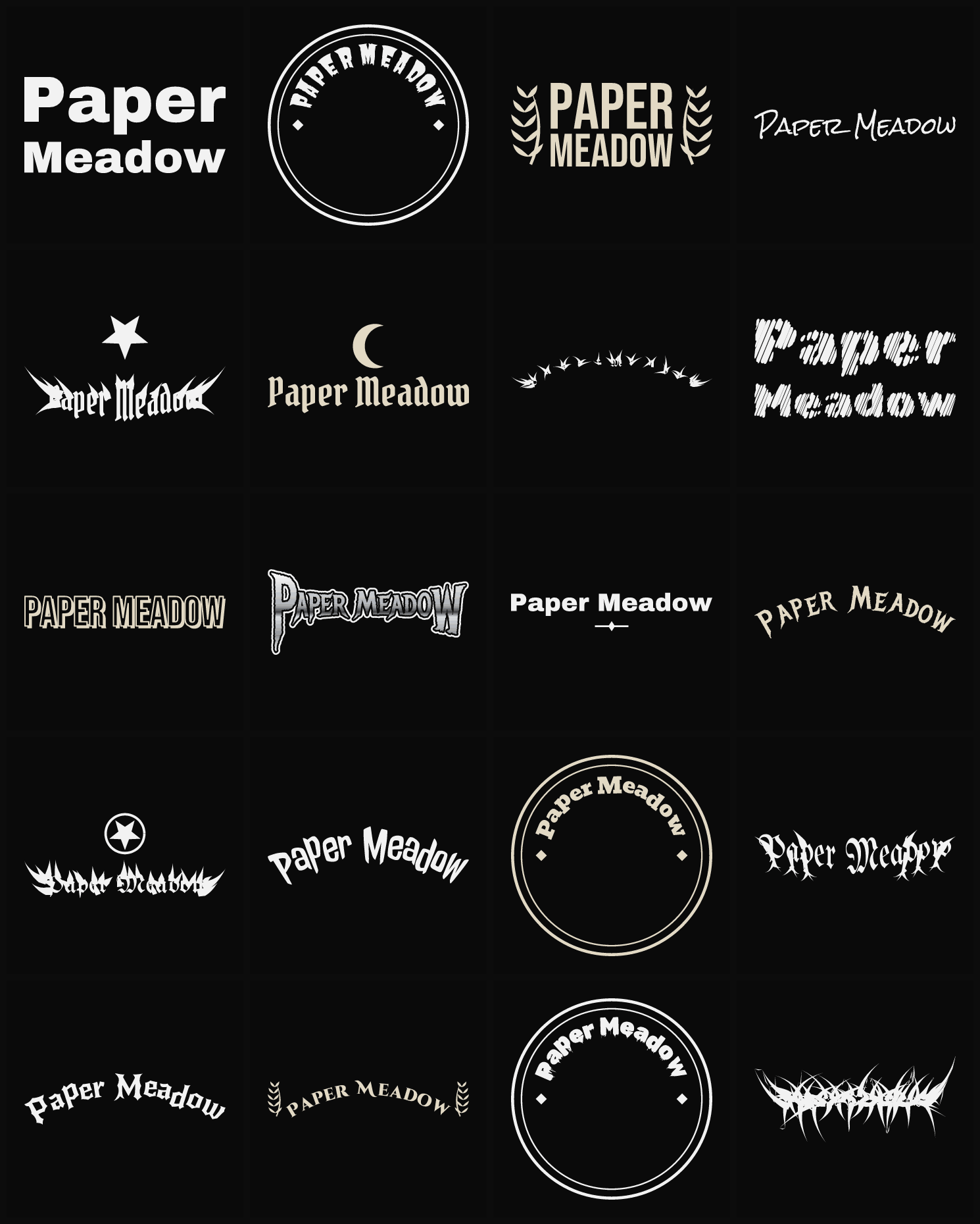 Twenty Paper Meadow band logo ideas — different faces, treatments and spike settings