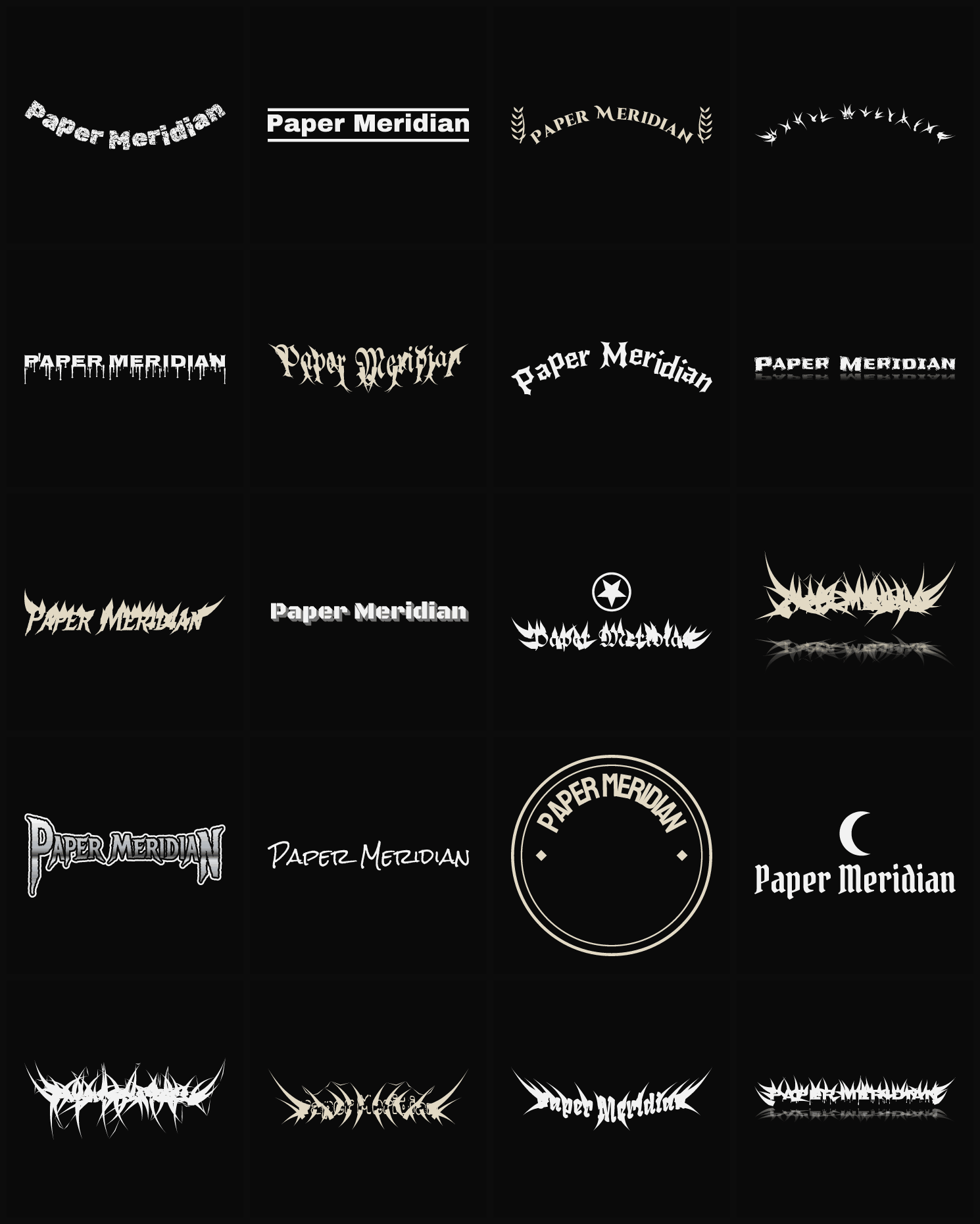 Twenty Paper Meridian band logo ideas — different faces, treatments and spike settings