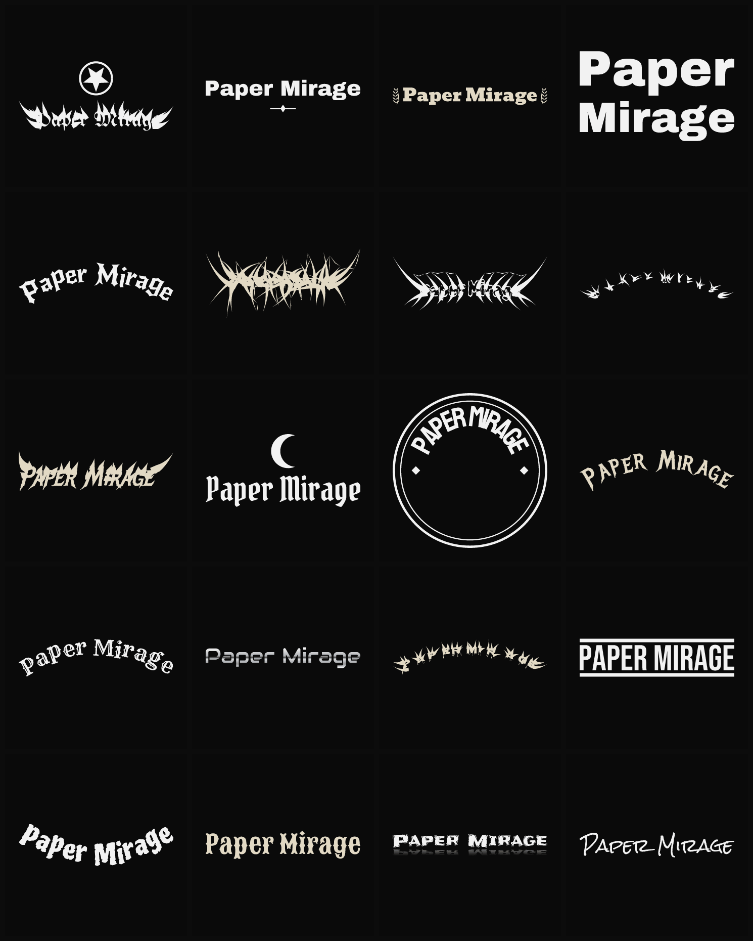 Twenty Paper Mirage band logo ideas — different faces, treatments and spike settings