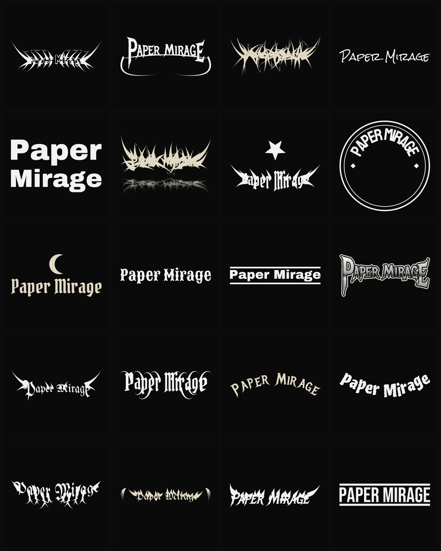 Twenty Paper Mirage band logo ideas — different faces, treatments and spike settings