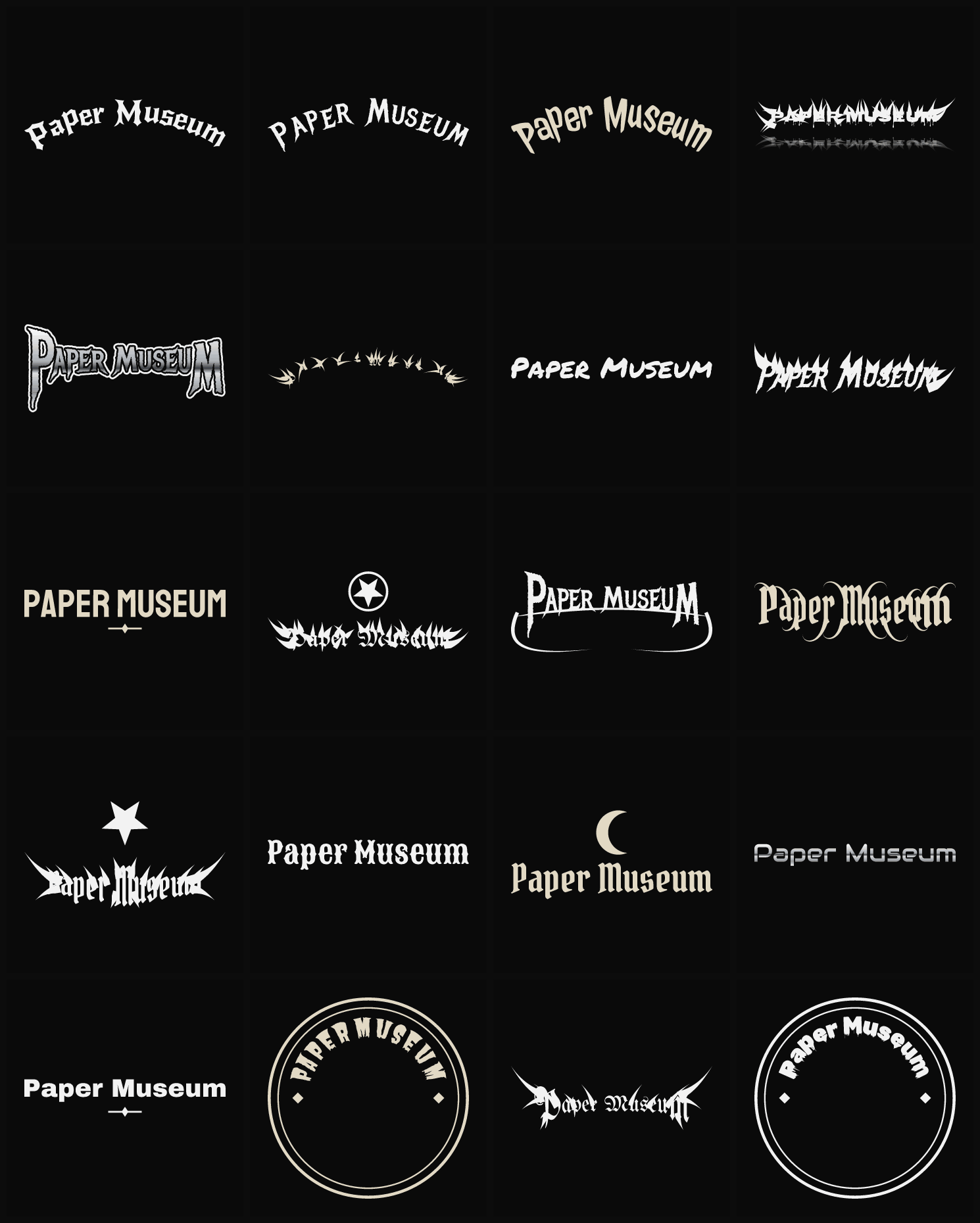 Twenty Paper Museum band logo ideas — different faces, treatments and spike settings