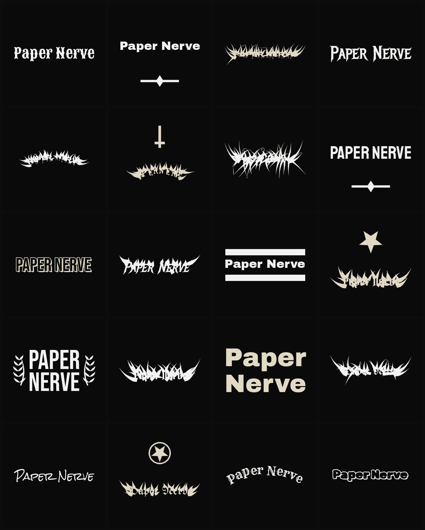 Twenty Paper Nerve band logo ideas — different faces, treatments and spike settings