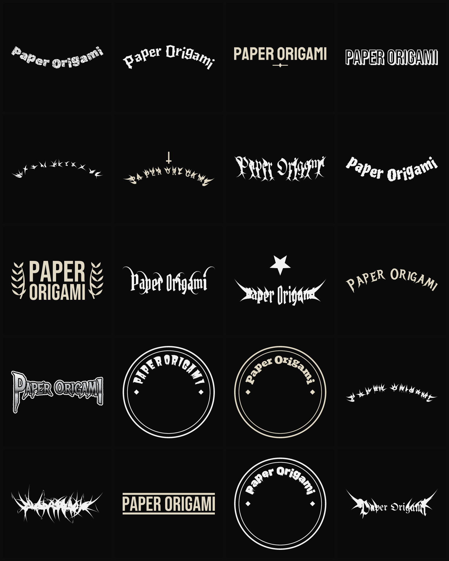 Twenty Paper Origami band logo ideas — different faces, treatments and spike settings