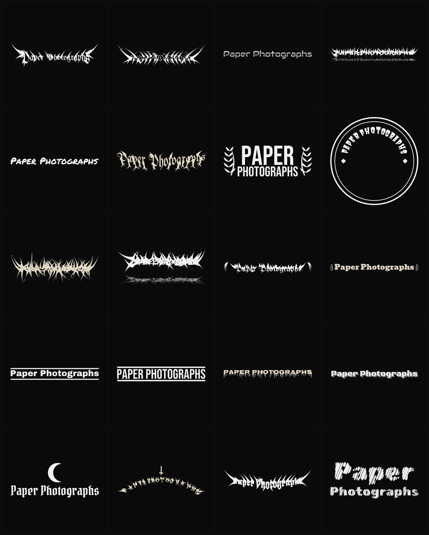 Twenty Paper Photographs band logo ideas — different faces, treatments and spike settings