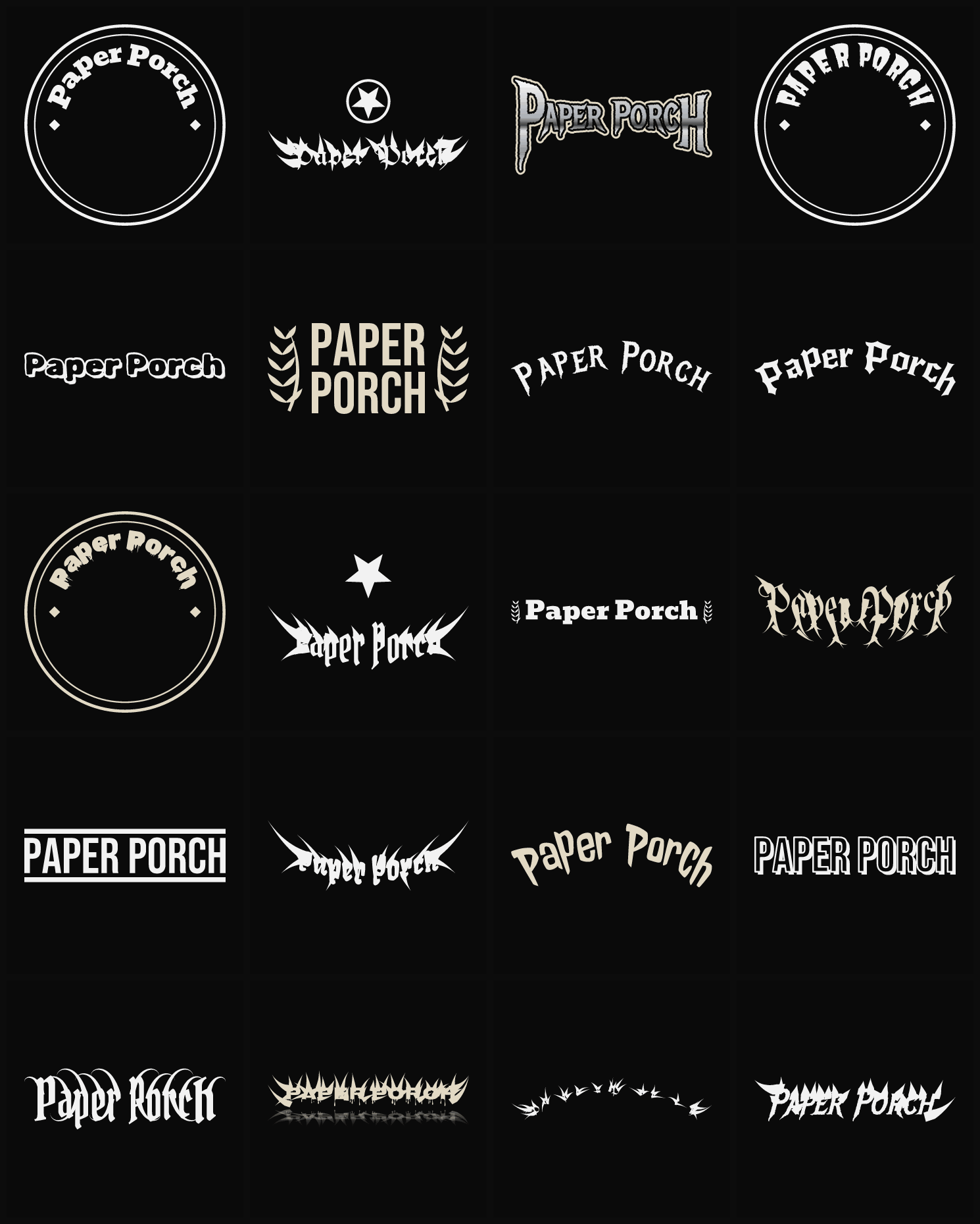 Twenty Paper Porch band logo ideas — different faces, treatments and spike settings
