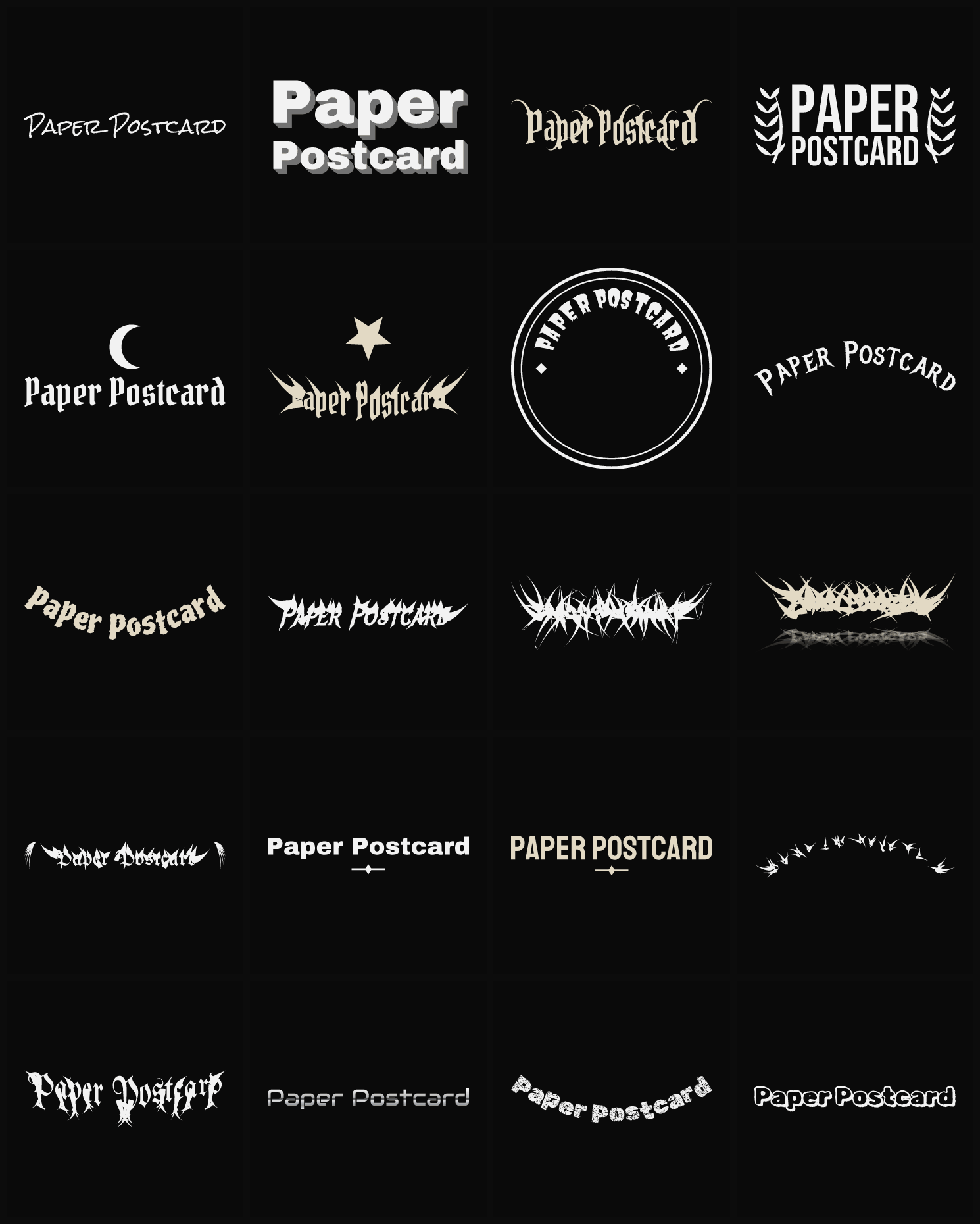Twenty Paper Postcard band logo ideas — different faces, treatments and spike settings