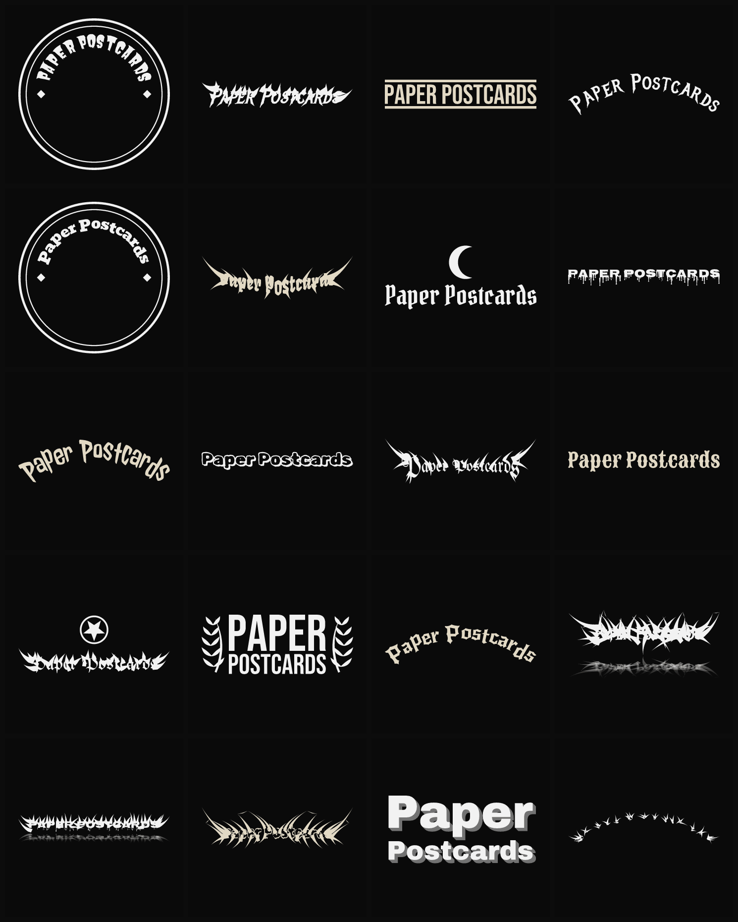 Twenty Paper Postcards band logo ideas — different faces, treatments and spike settings
