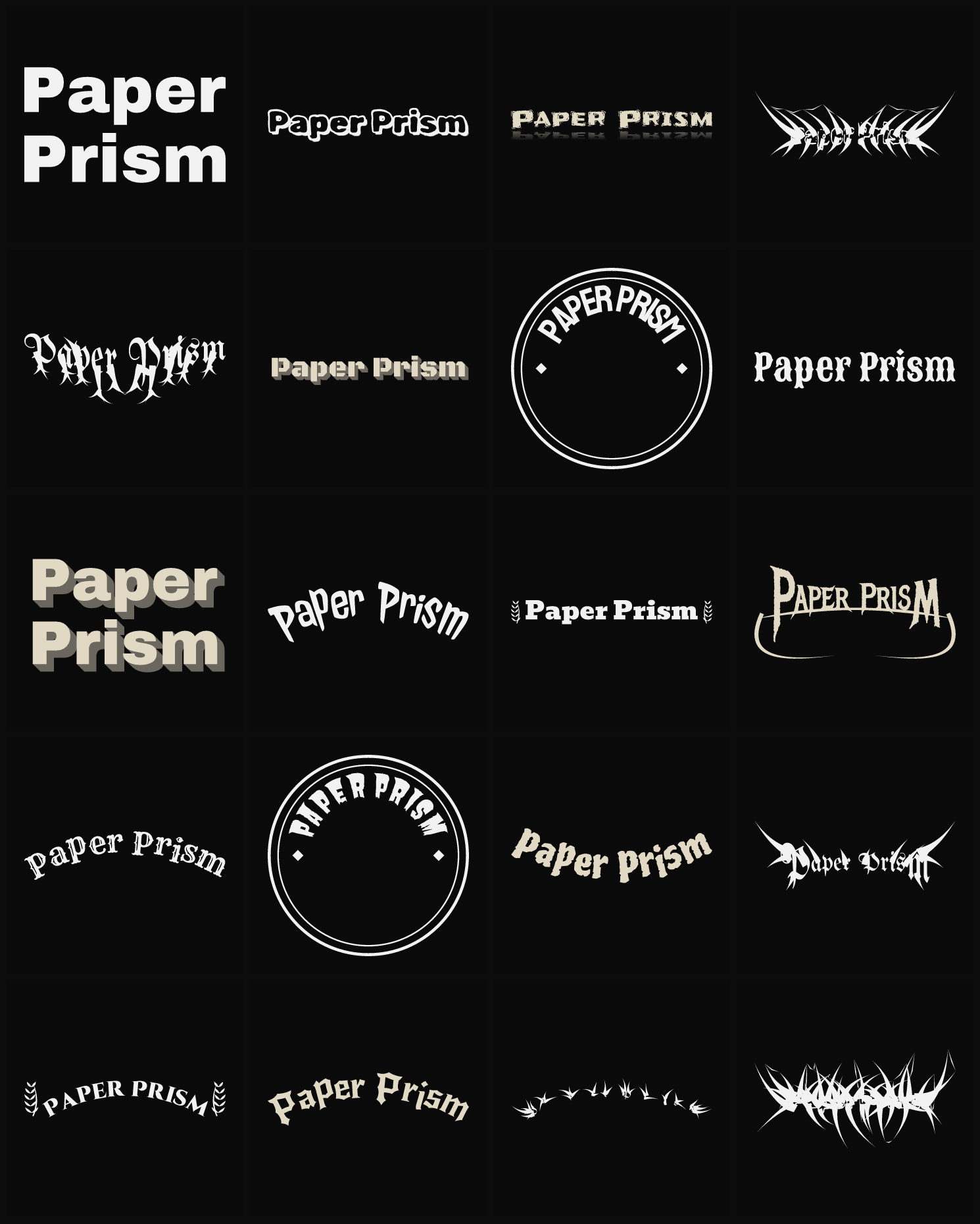 Twenty Paper Prism band logo ideas — different faces, treatments and spike settings