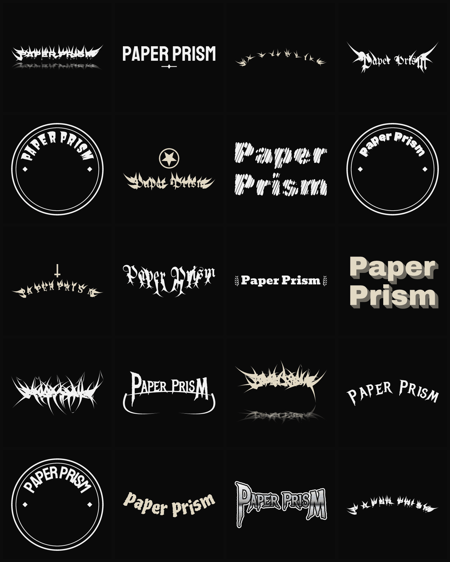 Twenty Paper Prism band logo ideas — different faces, treatments and spike settings