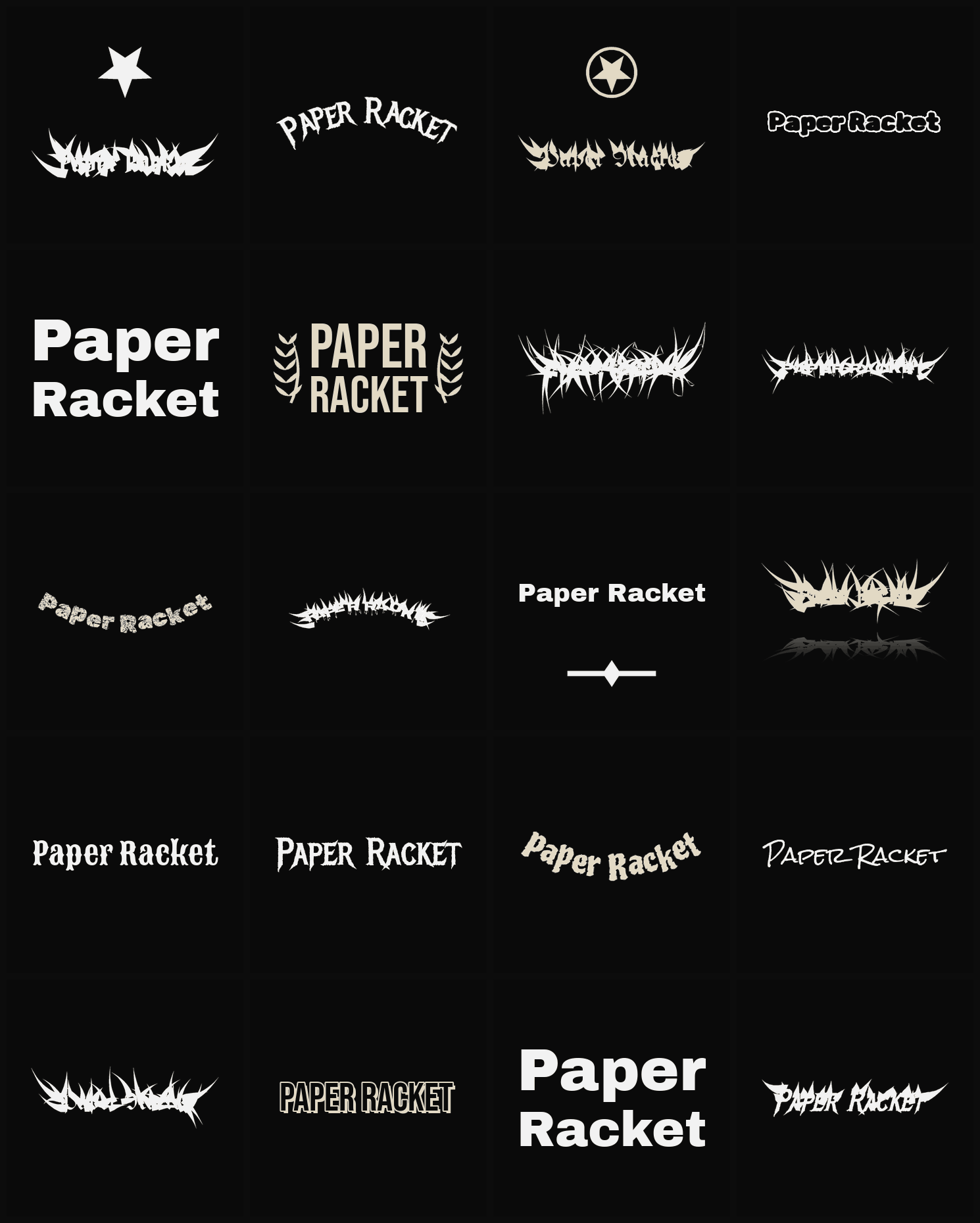Twenty Paper Racket band logo ideas — different faces, treatments and spike settings