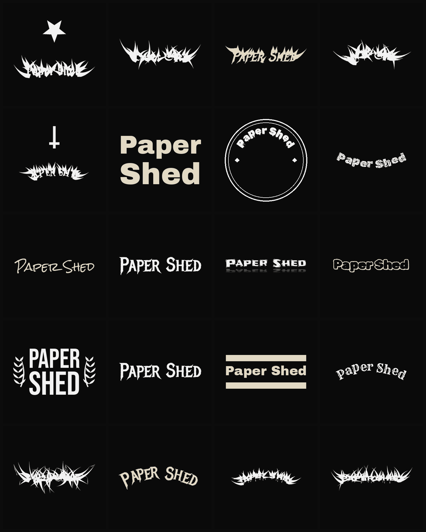 Twenty Paper Shed band logo ideas — different faces, treatments and spike settings