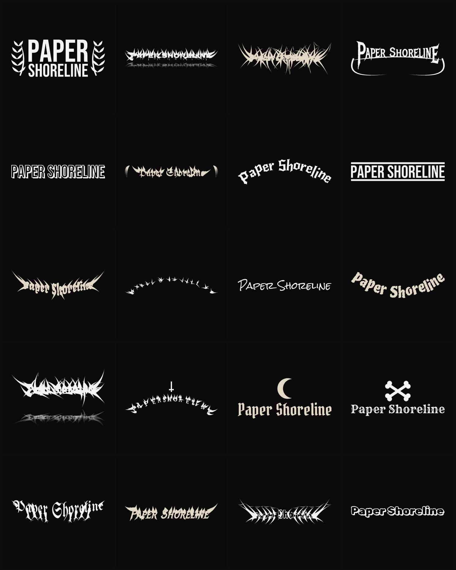 Twenty Paper Shoreline band logo ideas — different faces, treatments and spike settings