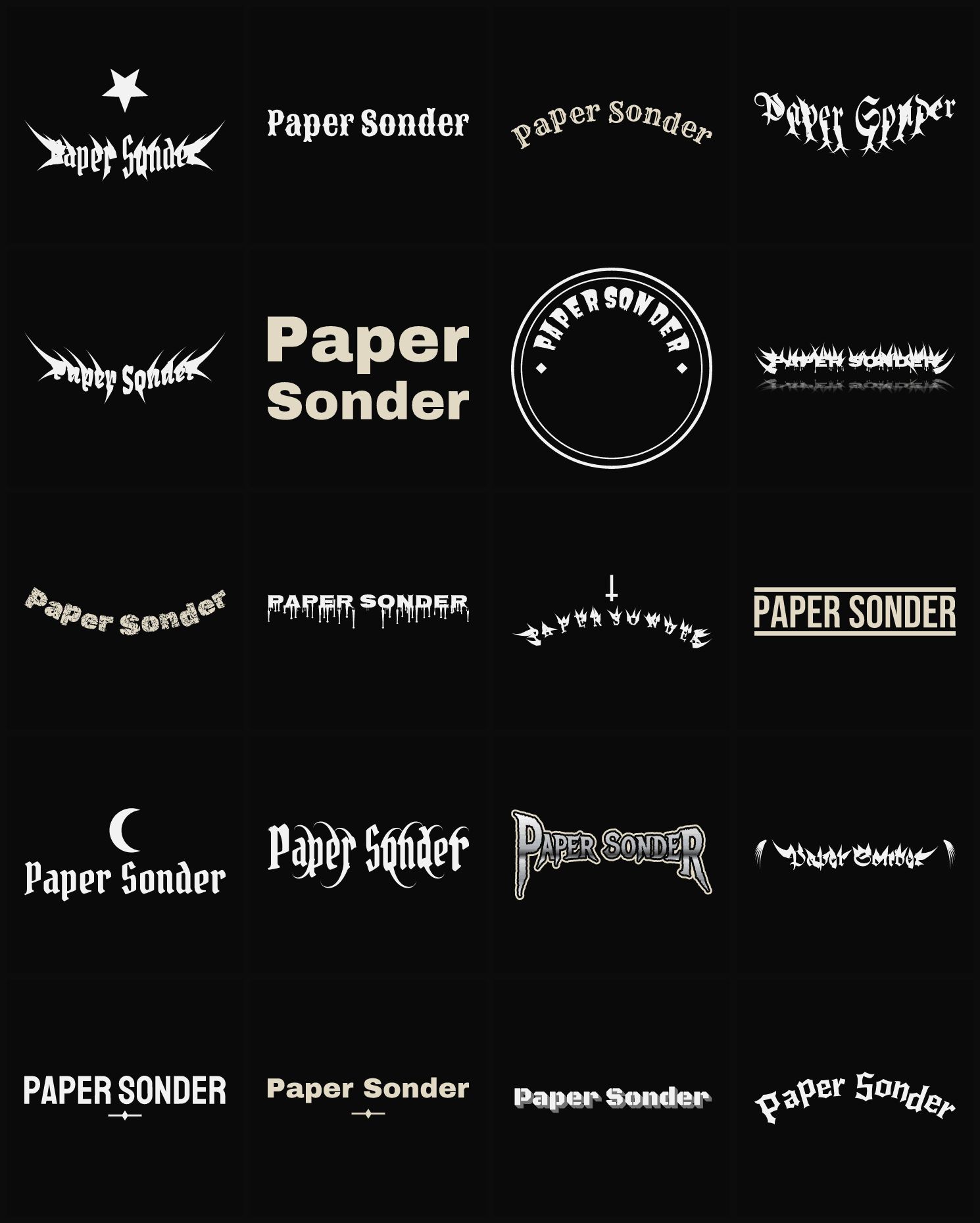 Twenty Paper Sonder band logo ideas — different faces, treatments and spike settings