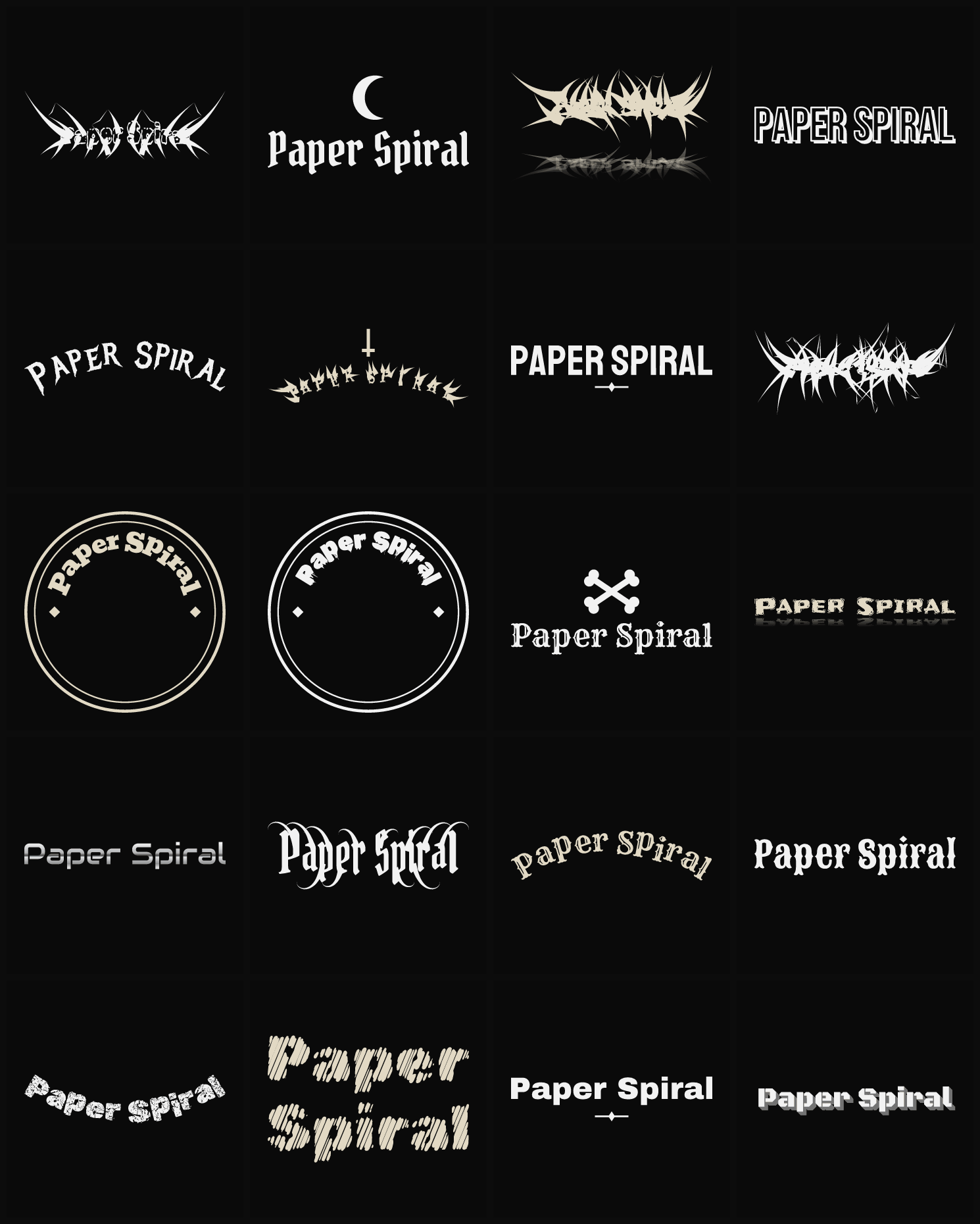 Twenty Paper Spiral band logo ideas — different faces, treatments and spike settings