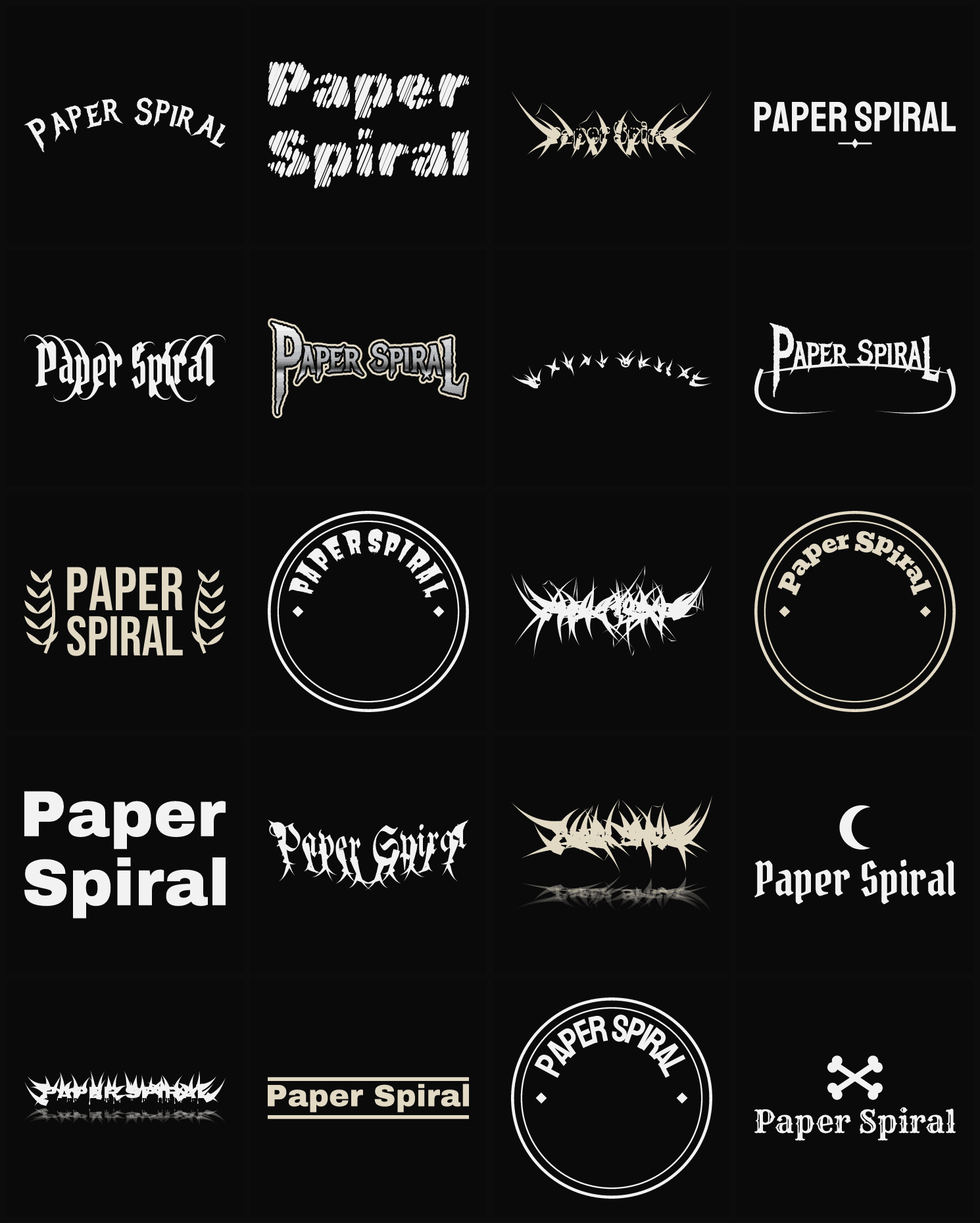 Twenty Paper Spiral band logo ideas — different faces, treatments and spike settings