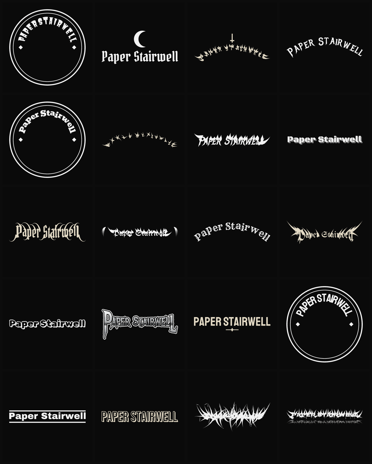 Twenty Paper Stairwell band logo ideas — different faces, treatments and spike settings