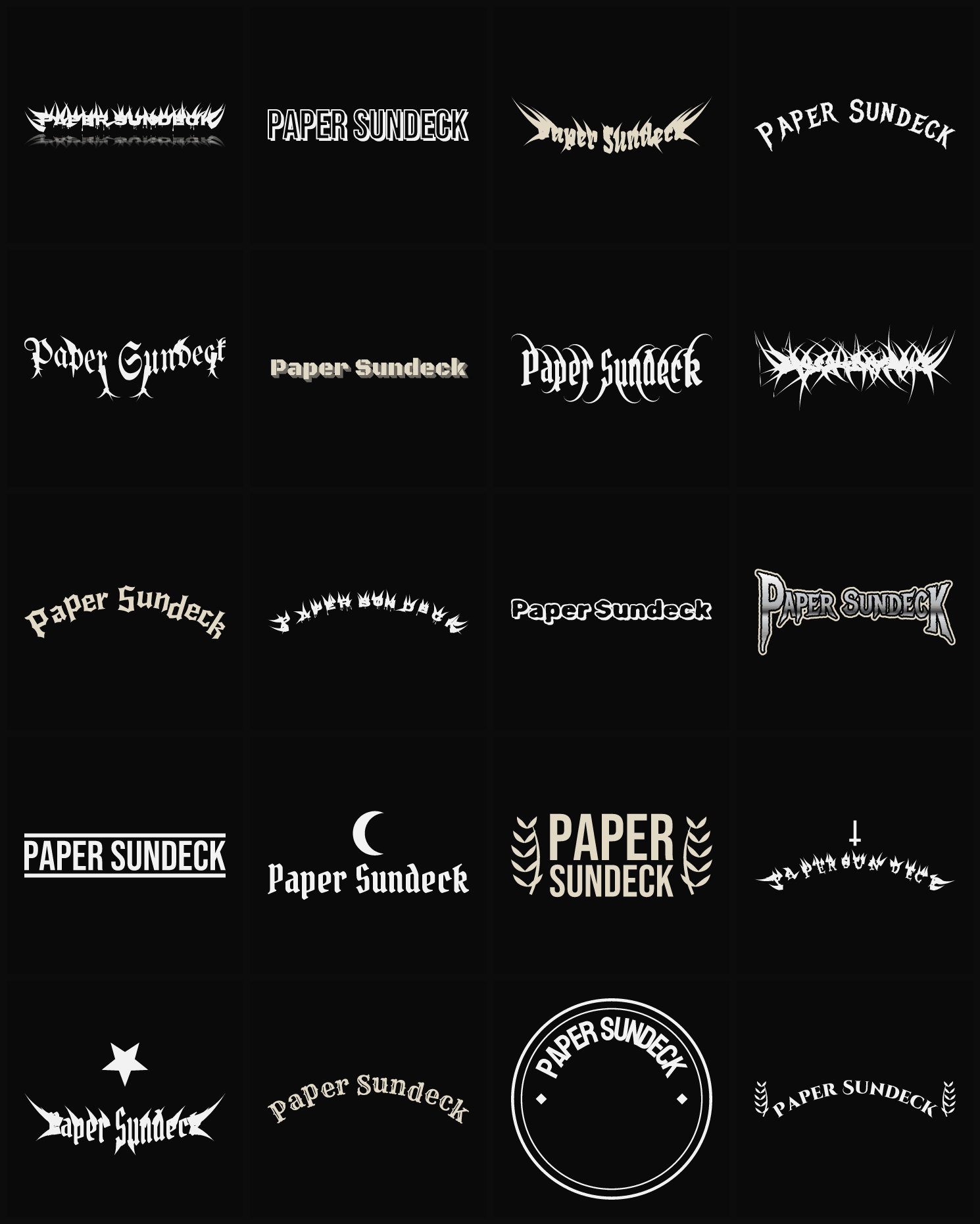 Twenty Paper Sundeck band logo ideas — different faces, treatments and spike settings