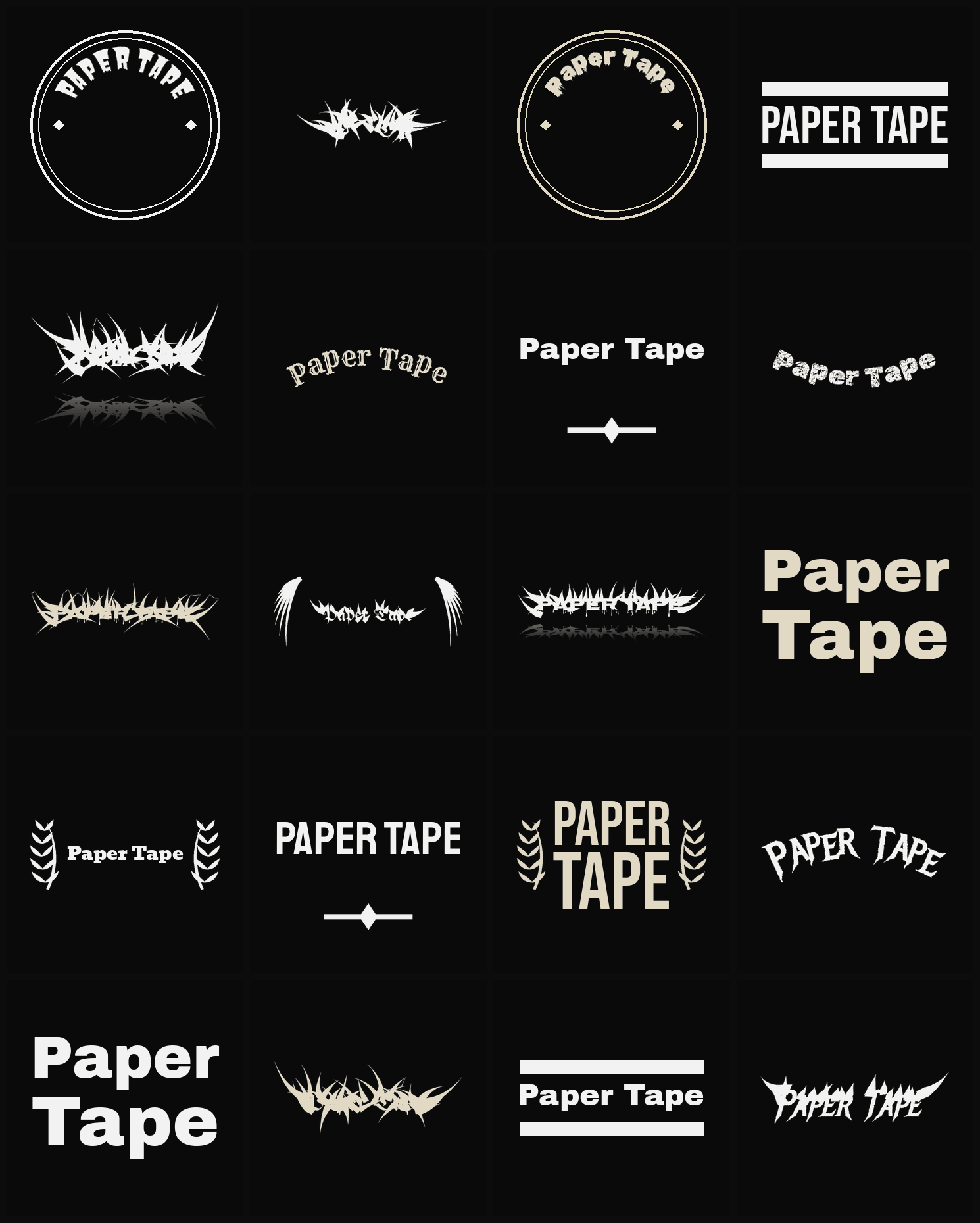 Twenty Paper Tape band logo ideas — different faces, treatments and spike settings