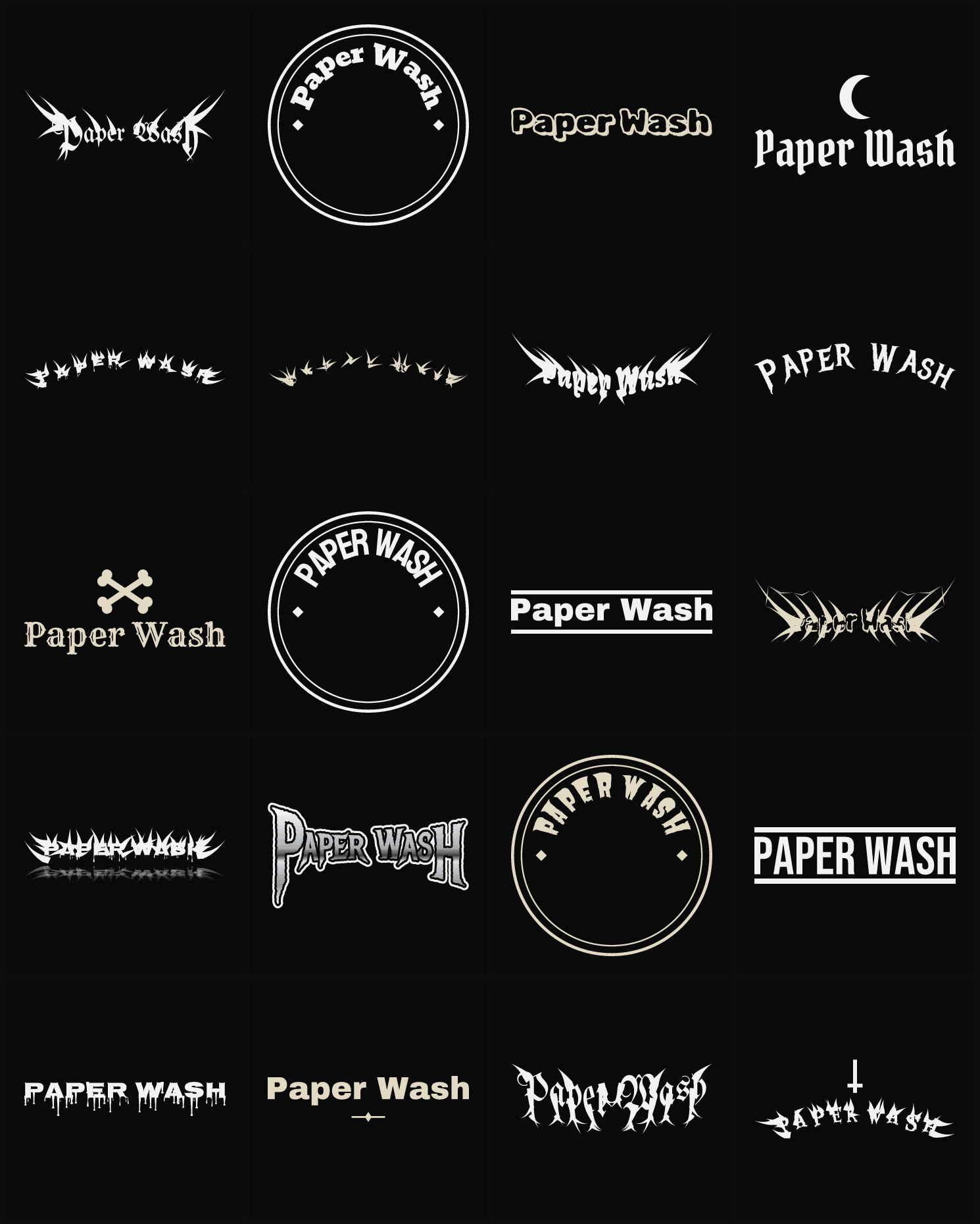 Twenty Paper Wash band logo ideas — different faces, treatments and spike settings