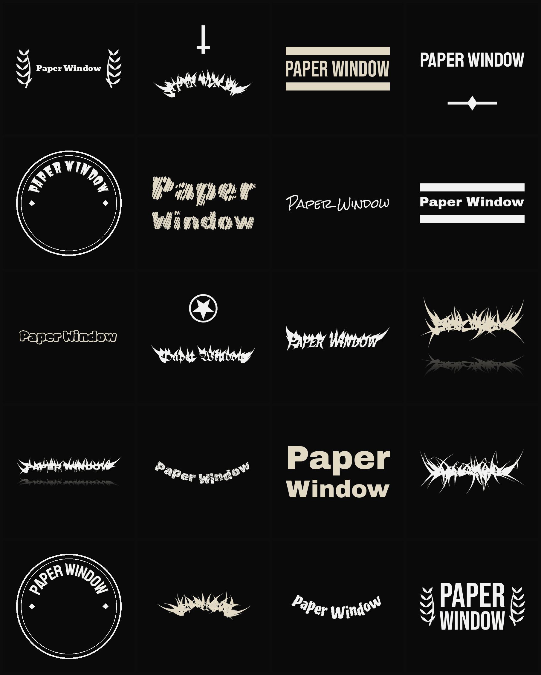 Twenty Paper Window band logo ideas — different faces, treatments and spike settings