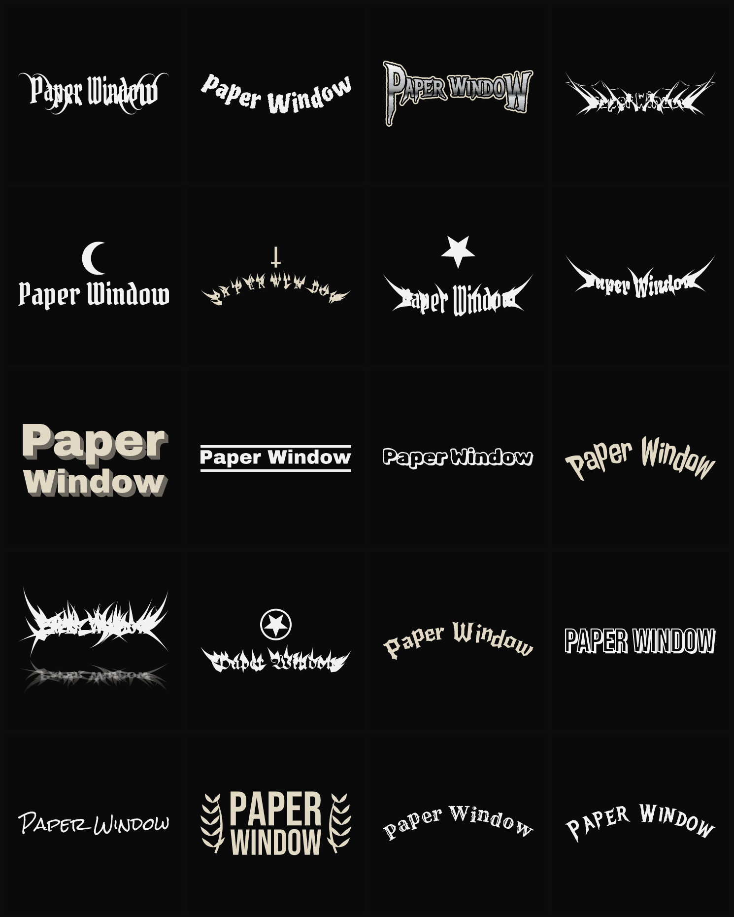 Twenty Paper Window band logo ideas — different faces, treatments and spike settings