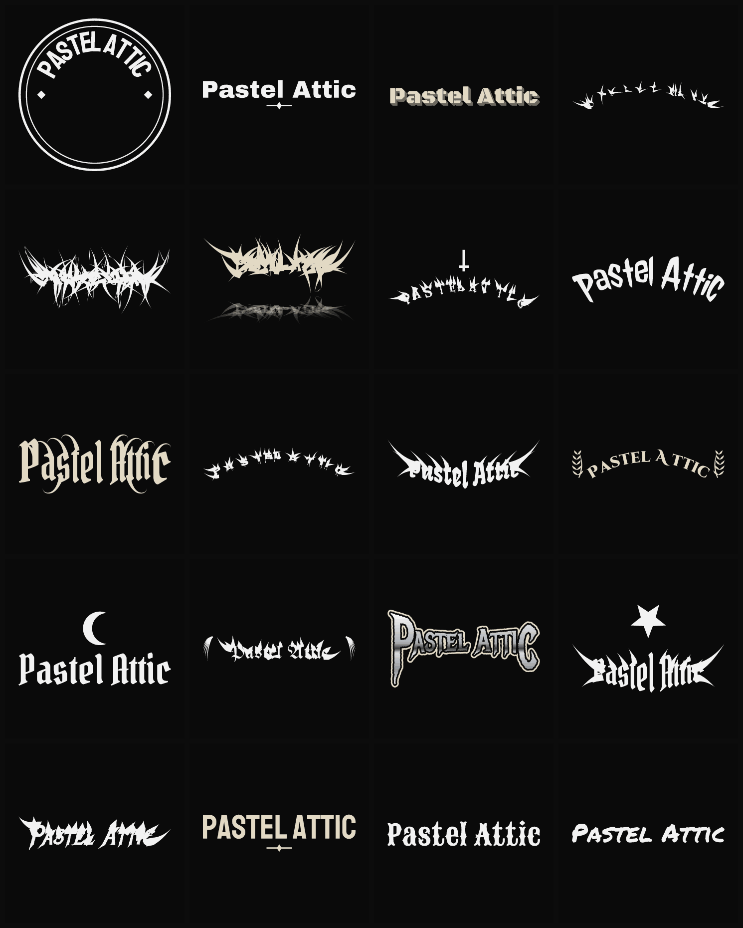 Twenty Pastel Attic band logo ideas — different faces, treatments and spike settings