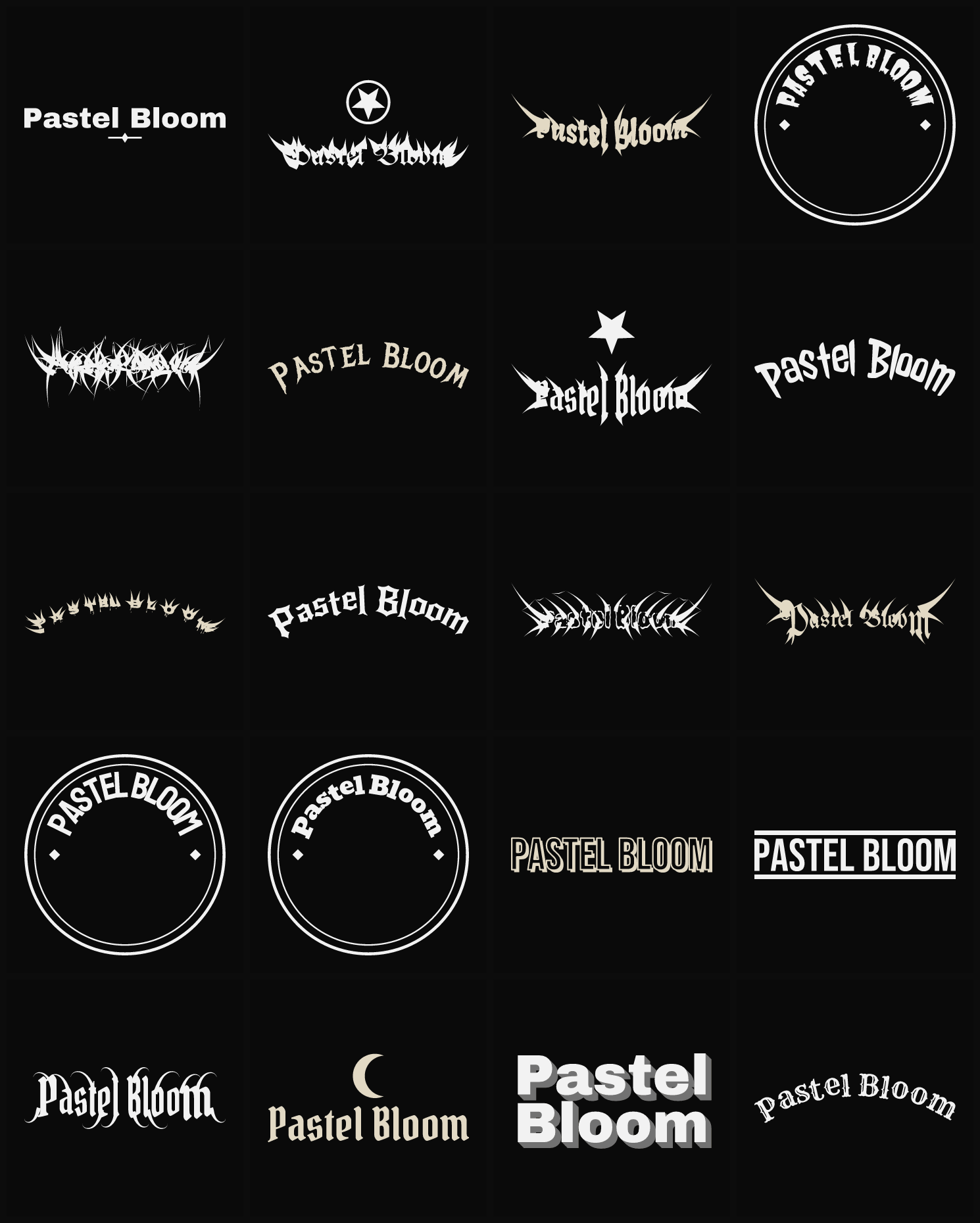 Twenty Pastel Bloom band logo ideas — different faces, treatments and spike settings