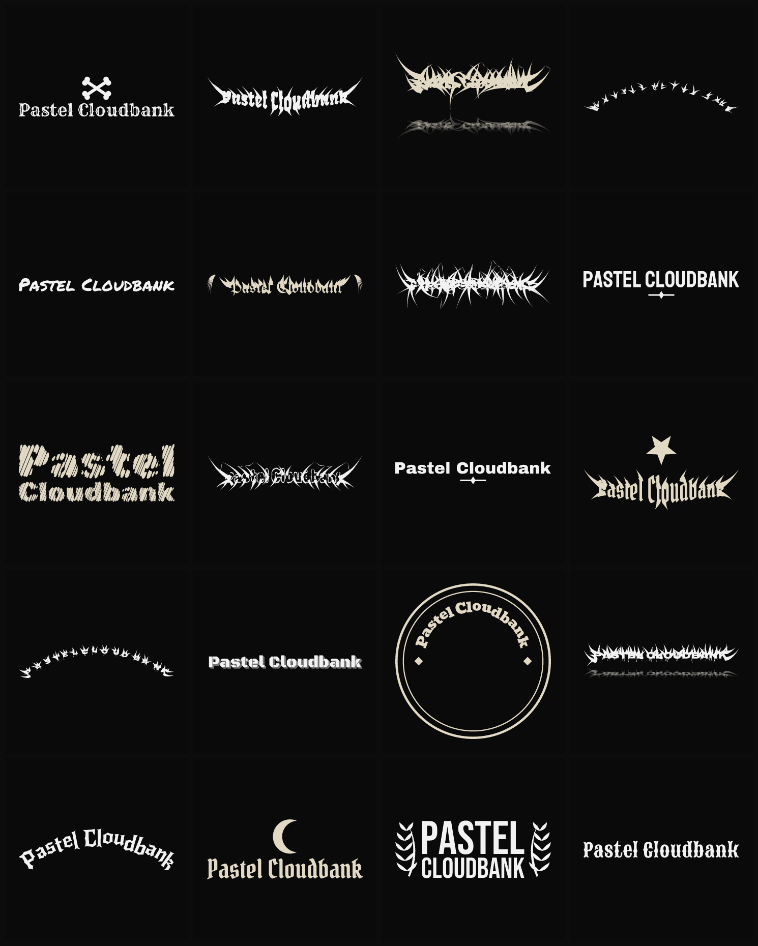 Twenty Pastel Cloudbank band logo ideas — different faces, treatments and spike settings