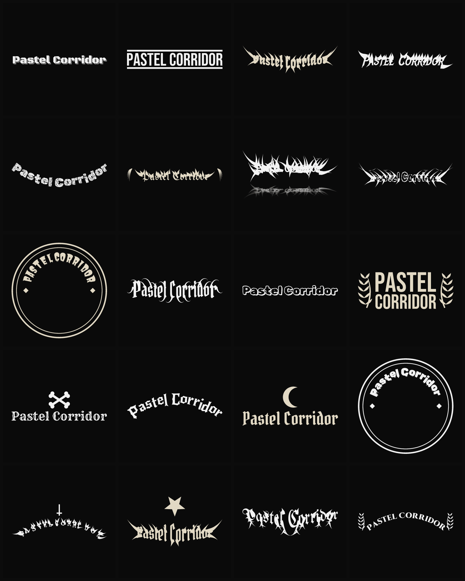 Twenty Pastel Corridor band logo ideas — different faces, treatments and spike settings