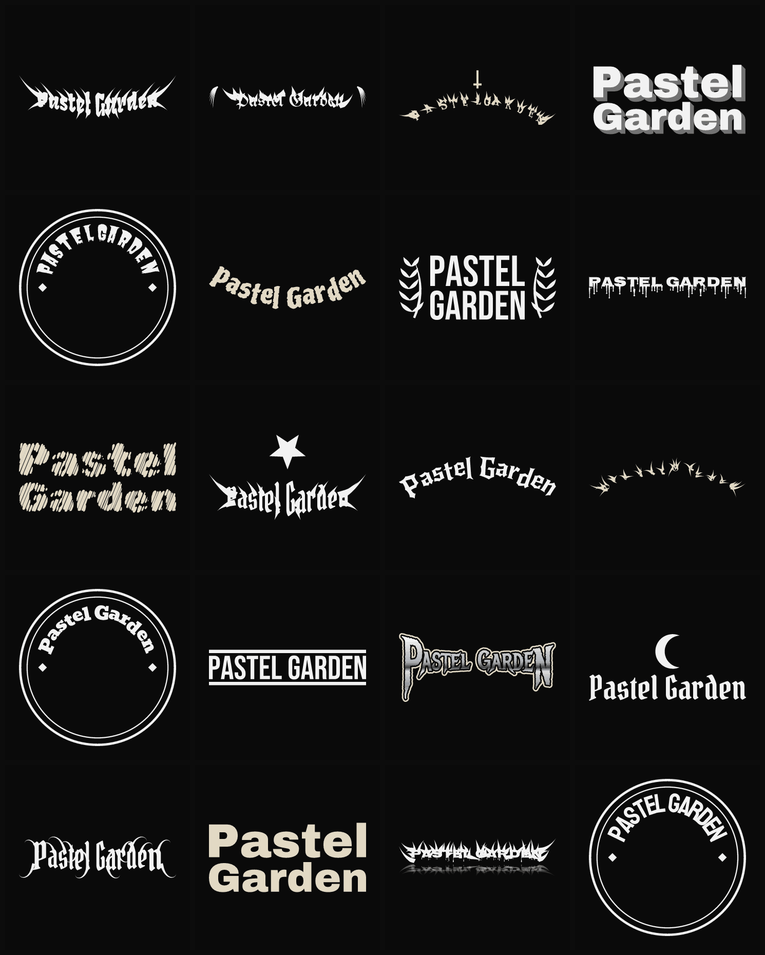 Twenty Pastel Garden band logo ideas — different faces, treatments and spike settings