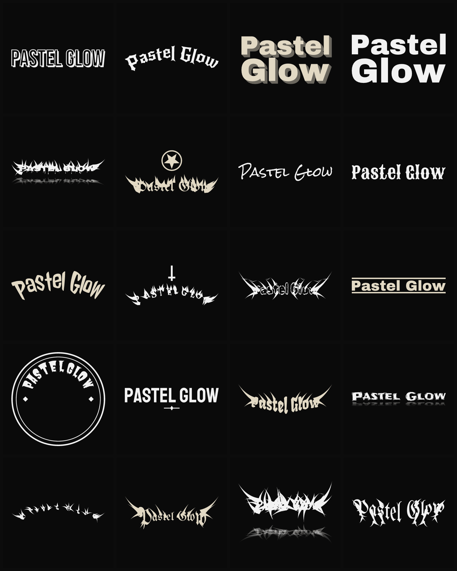 Twenty Pastel Glow band logo ideas — different faces, treatments and spike settings