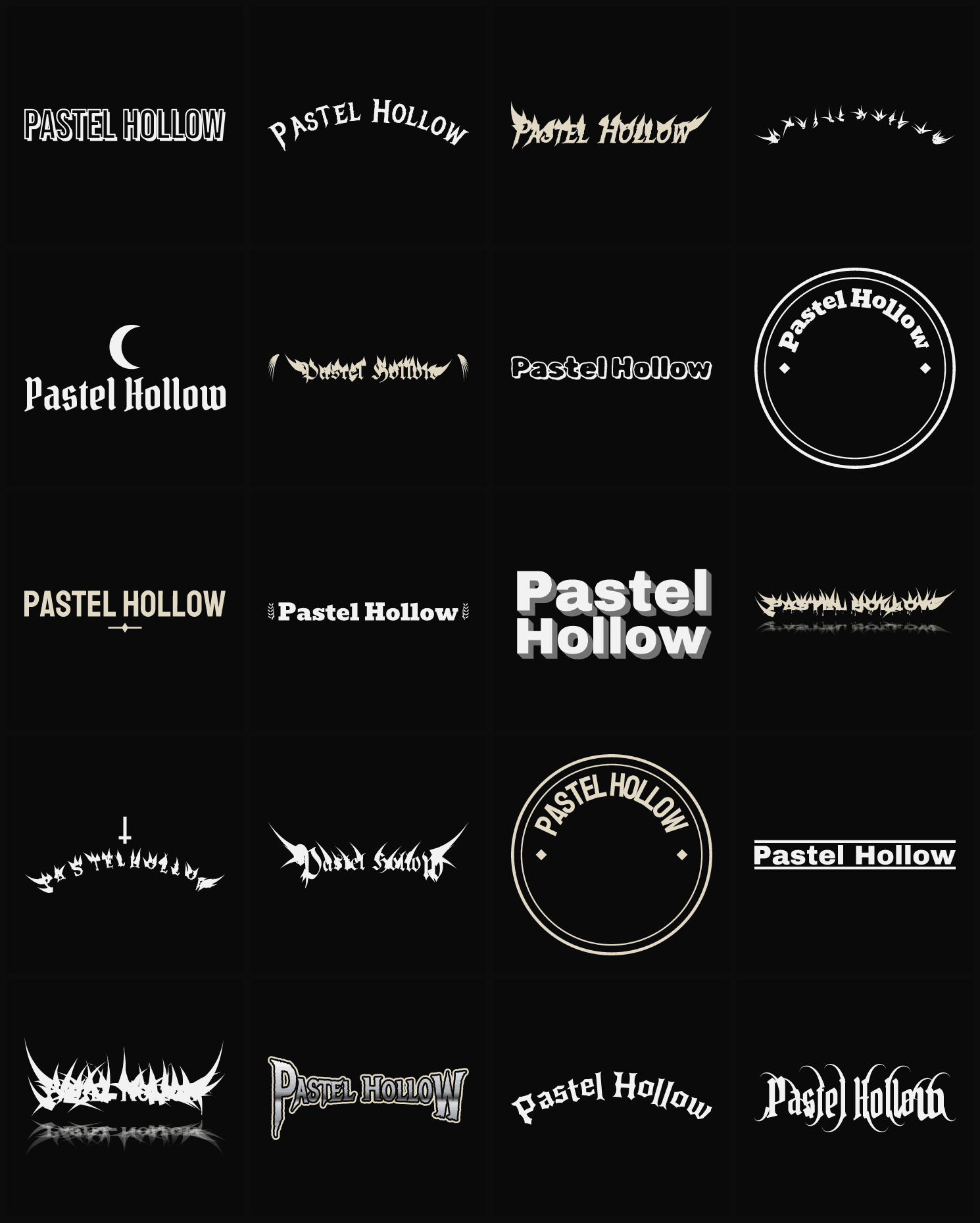 Twenty Pastel Hollow band logo ideas — different faces, treatments and spike settings