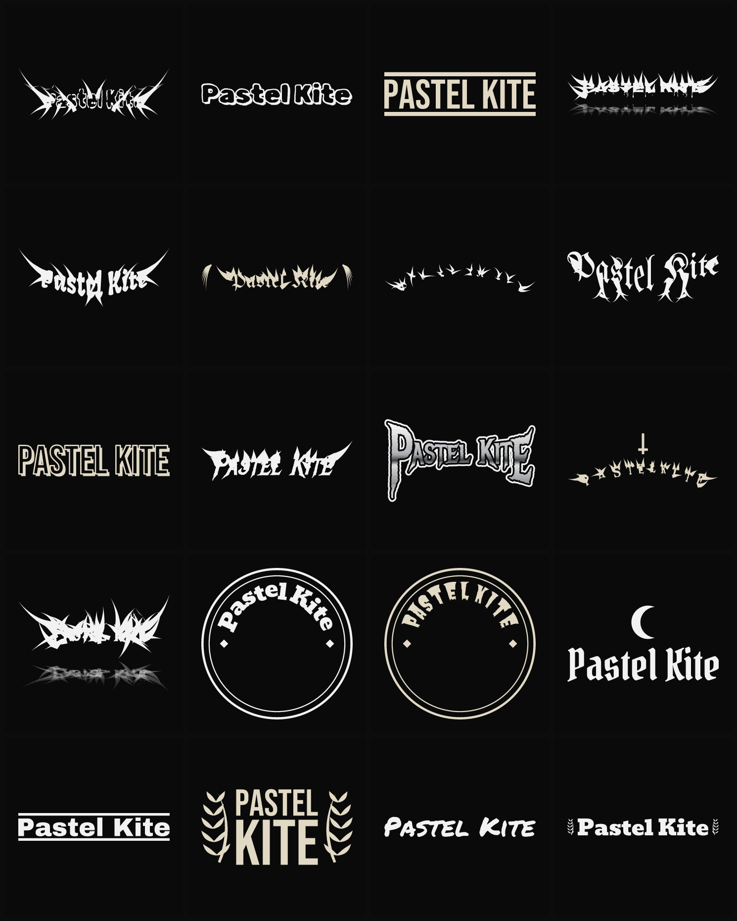 Twenty Pastel Kite band logo ideas — different faces, treatments and spike settings