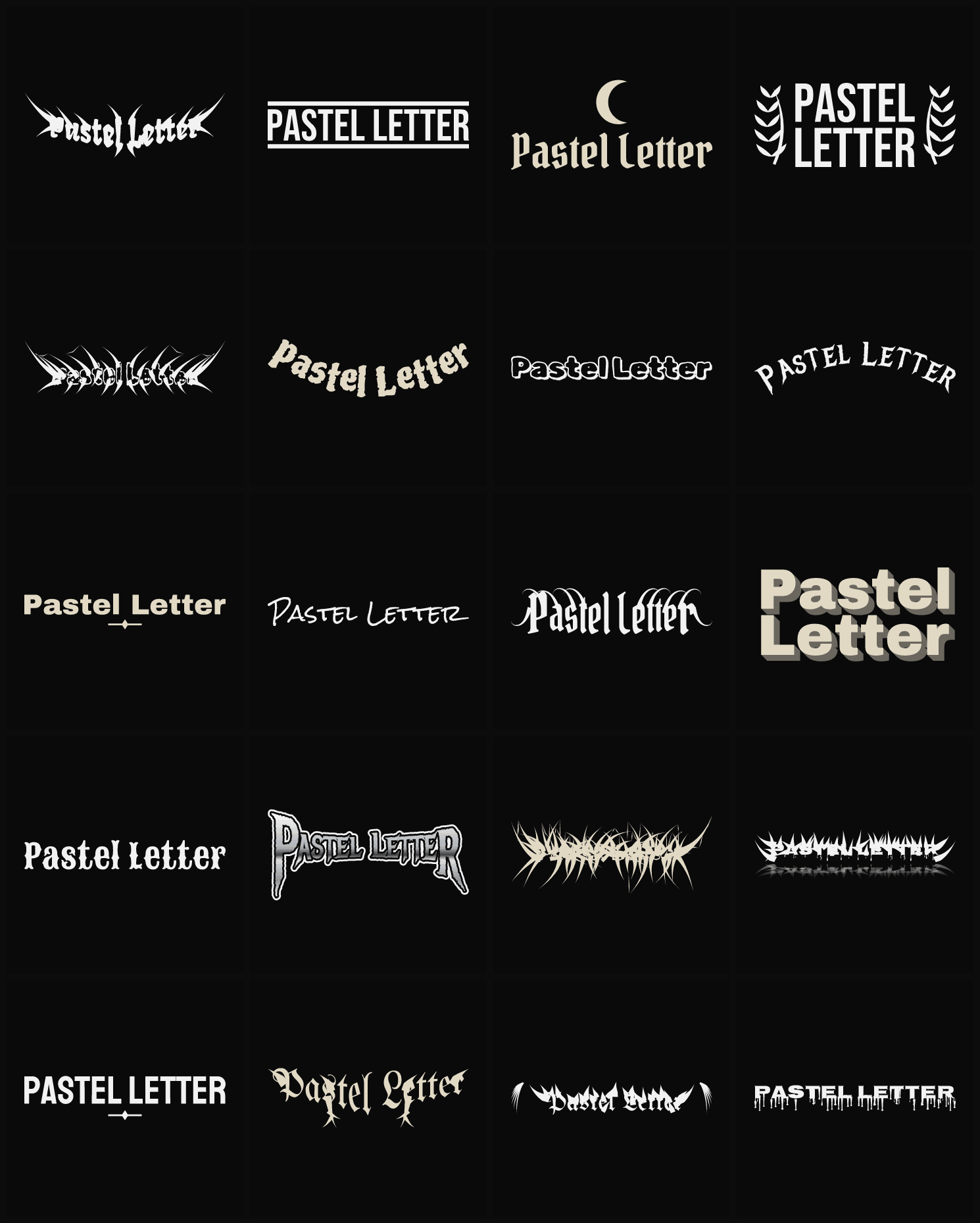 Twenty Pastel Letter band logo ideas — different faces, treatments and spike settings