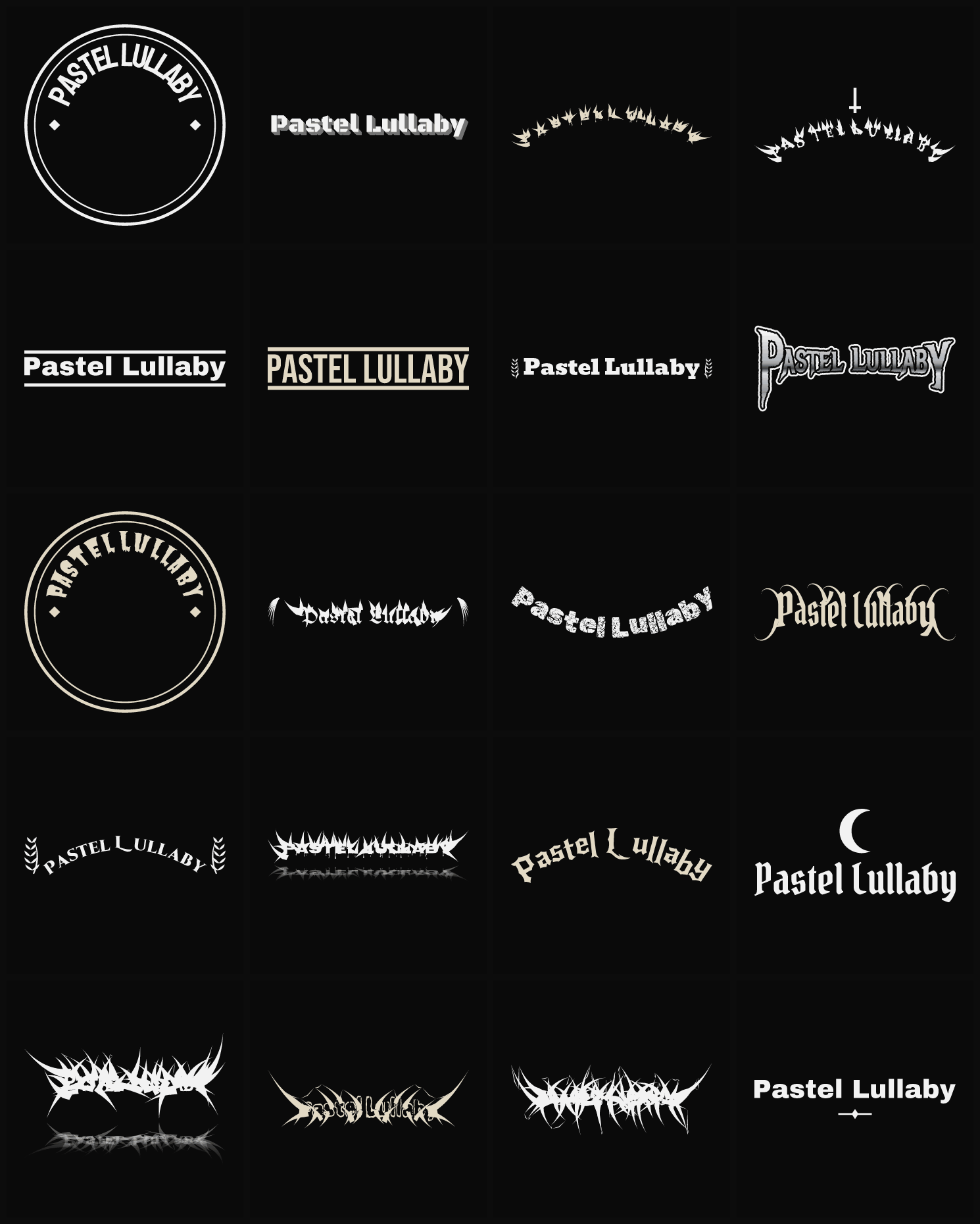 Twenty Pastel Lullaby band logo ideas — different faces, treatments and spike settings