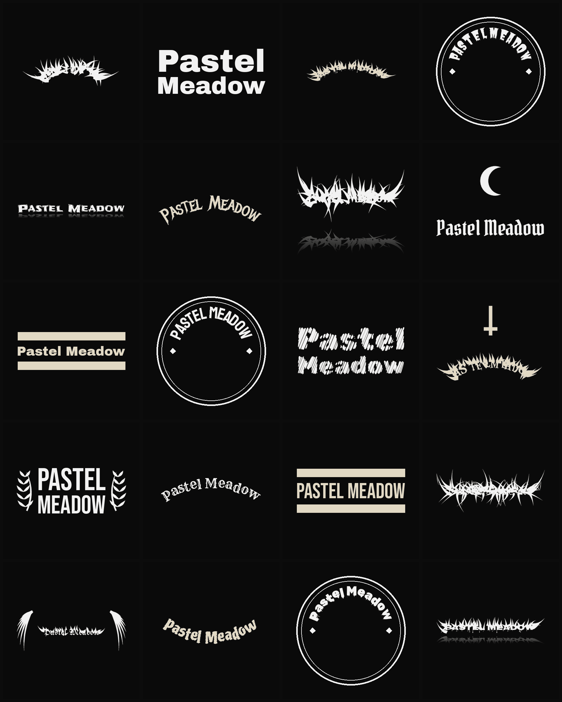 Twenty Pastel Meadow band logo ideas — different faces, treatments and spike settings