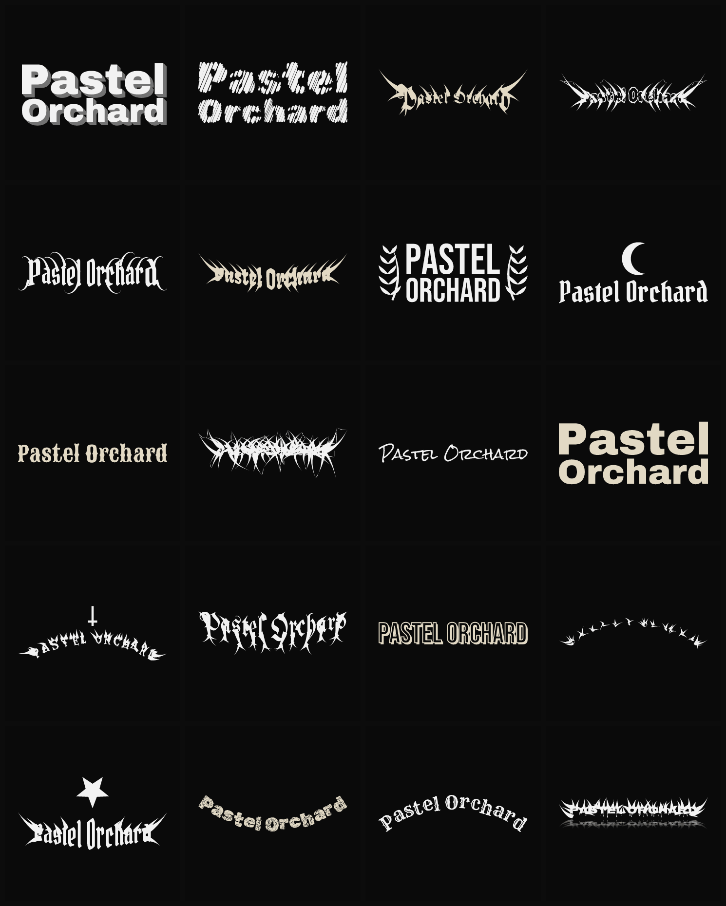 Twenty Pastel Orchard band logo ideas — different faces, treatments and spike settings