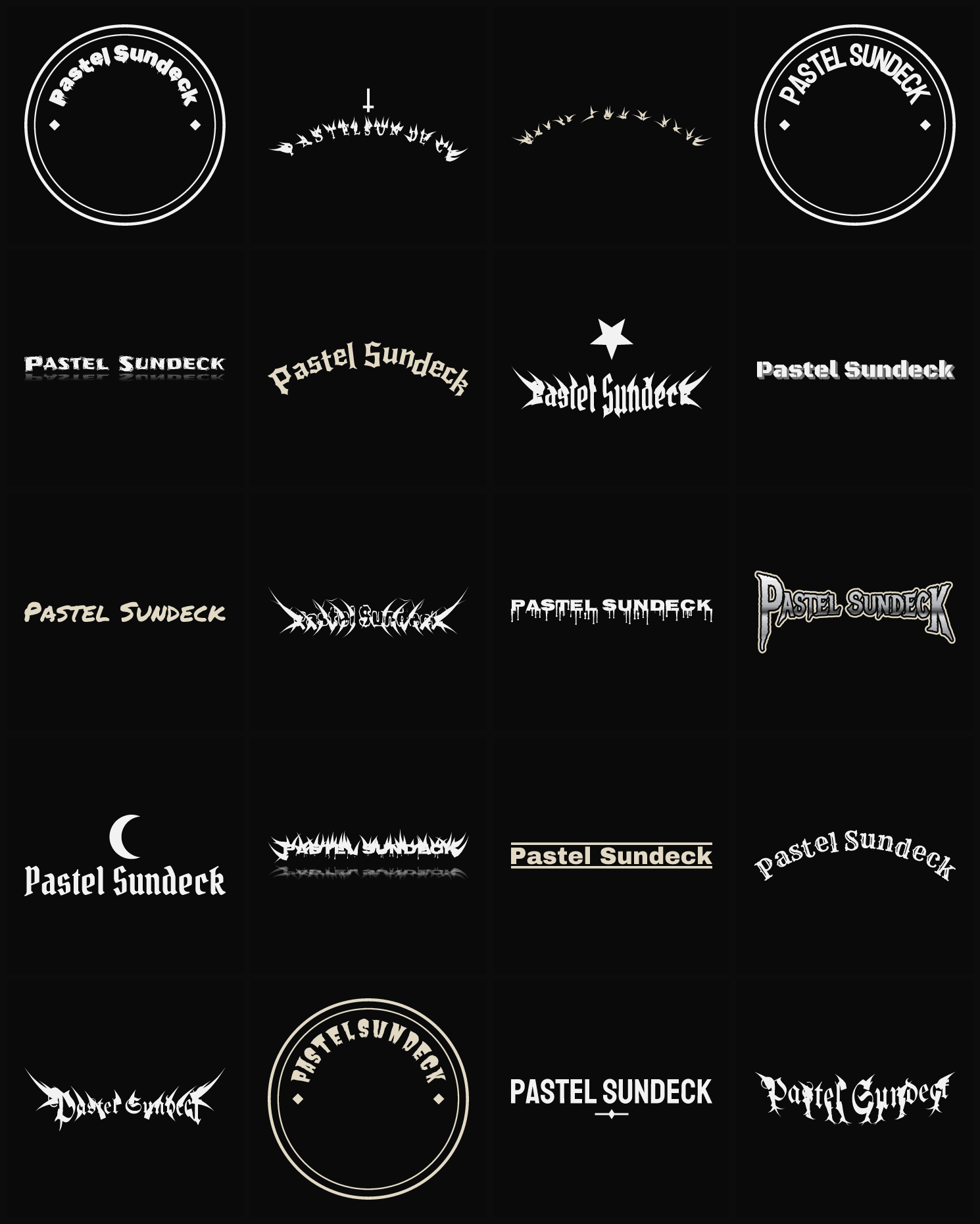 Twenty Pastel Sundeck band logo ideas — different faces, treatments and spike settings